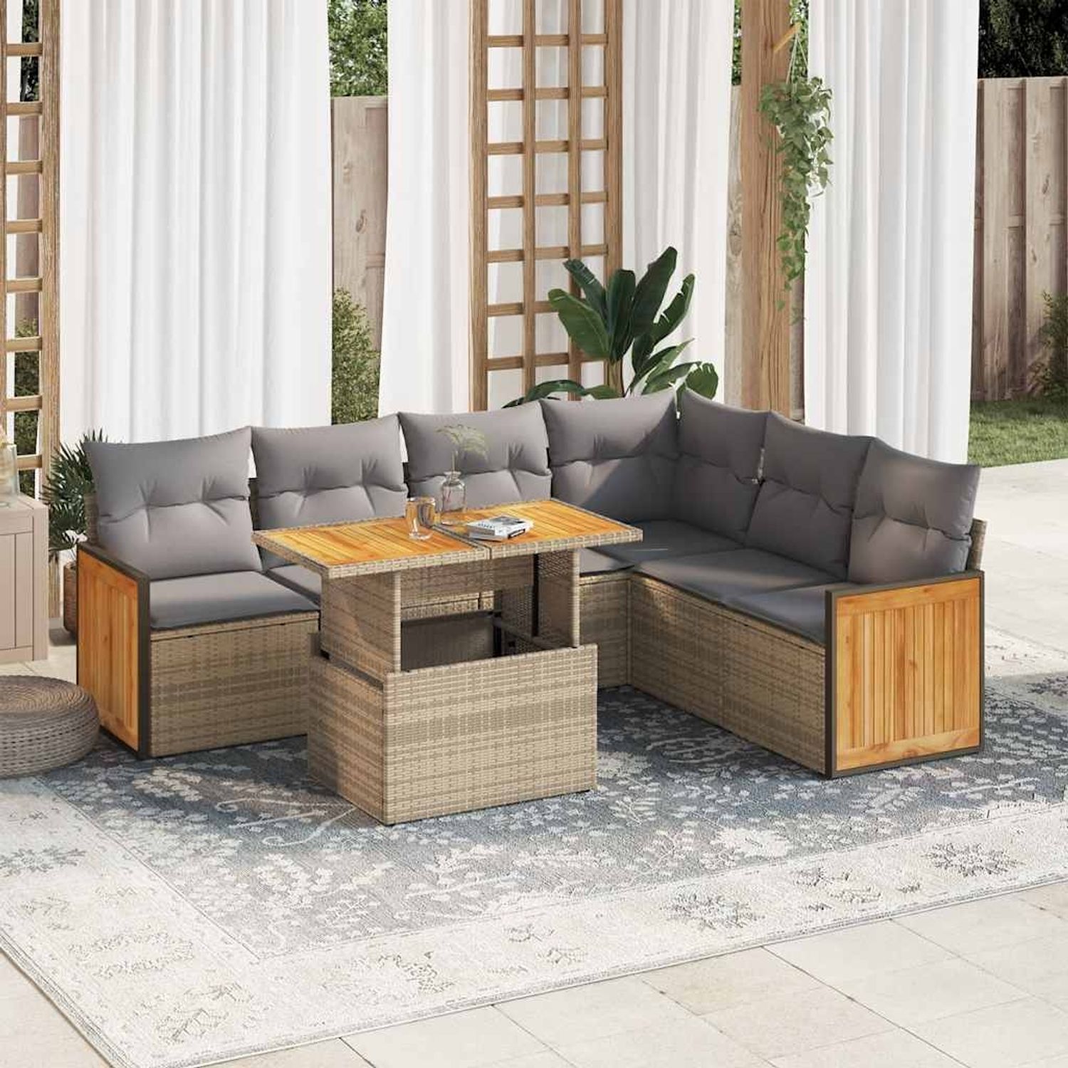 vidaXL 7-tlg. Garten-Sofagarnitur mit Kissen Beige Poly Rattan Akazie 3327720 Bild 1
