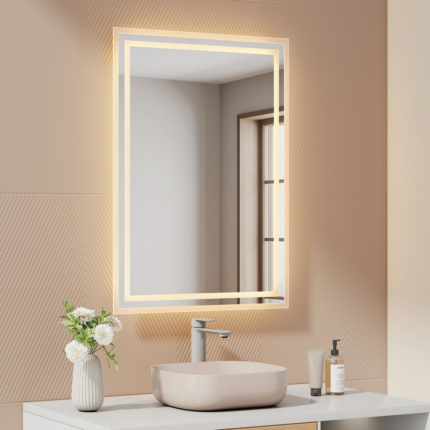 EMKE Badspiegel mit LED Beleuchtung 70x50cm Warmweißes Licht Wandschalter IP44 Wandspiegel Bild 1