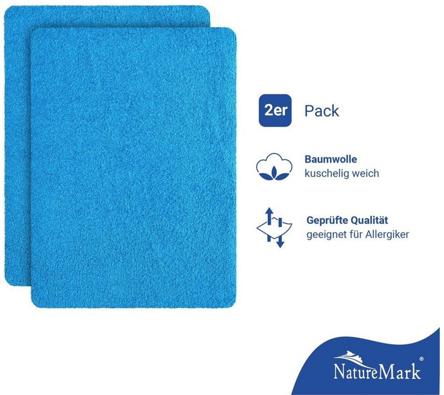 NatureMark Spannbettlaken Frottee Spannbettlaken, 80% Baumwolle / 20% Polyester, Gummizug: rundum, (2 Stück), 2er Set Kinder Spannbettlaken Frottee, Spannbetttuch 80% Baumwolle / 20% Polyester, für Babybett und Kinderbett, 70x140 cm - Türkis Bild 1