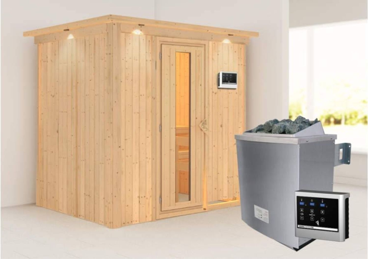 Karibu Sauna Bodin mit Dachkranz + 9kW Saunaofen mit ext. Steuerung Easy Klarglas Ganzglastür Bild 1