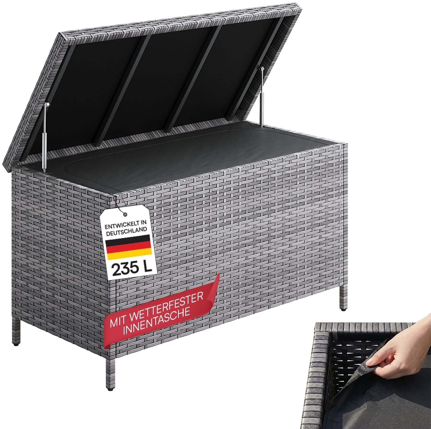 STEELSØN 'Serion' Polyrattan Aufbewahrungsbox 235 Liter, grau-meliert, 110x55x60 cm, wetterfest, Auflagenbox mit Innentasche Bild 1