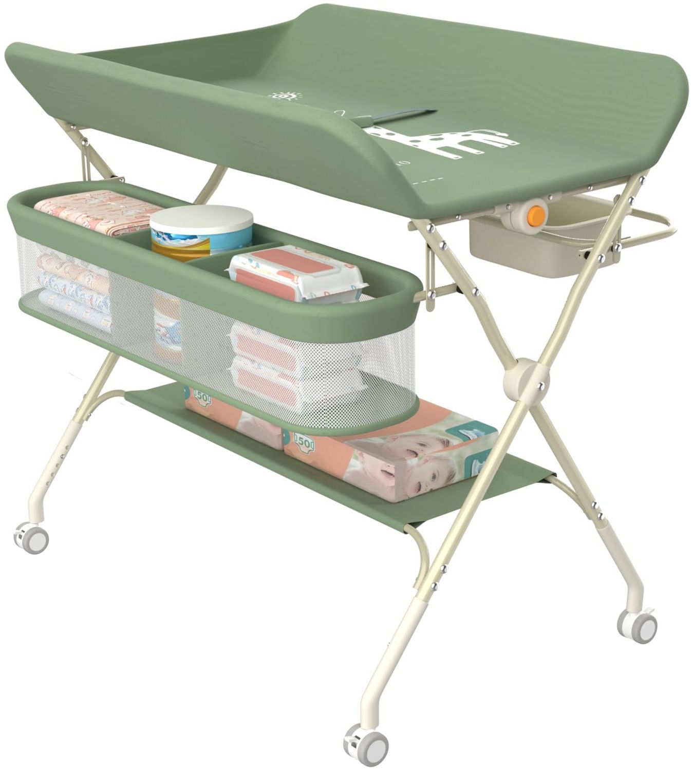 Wickeltisch, zusammenklappbar, mit Aufbewahrungskorb, Struktur aus Eisen, max. Belastung 25 kg, für Neugeborene, ergonomisches Design, Wickeltisch, 75 x 68 x 83–91 cm (A) Grün Bild 1