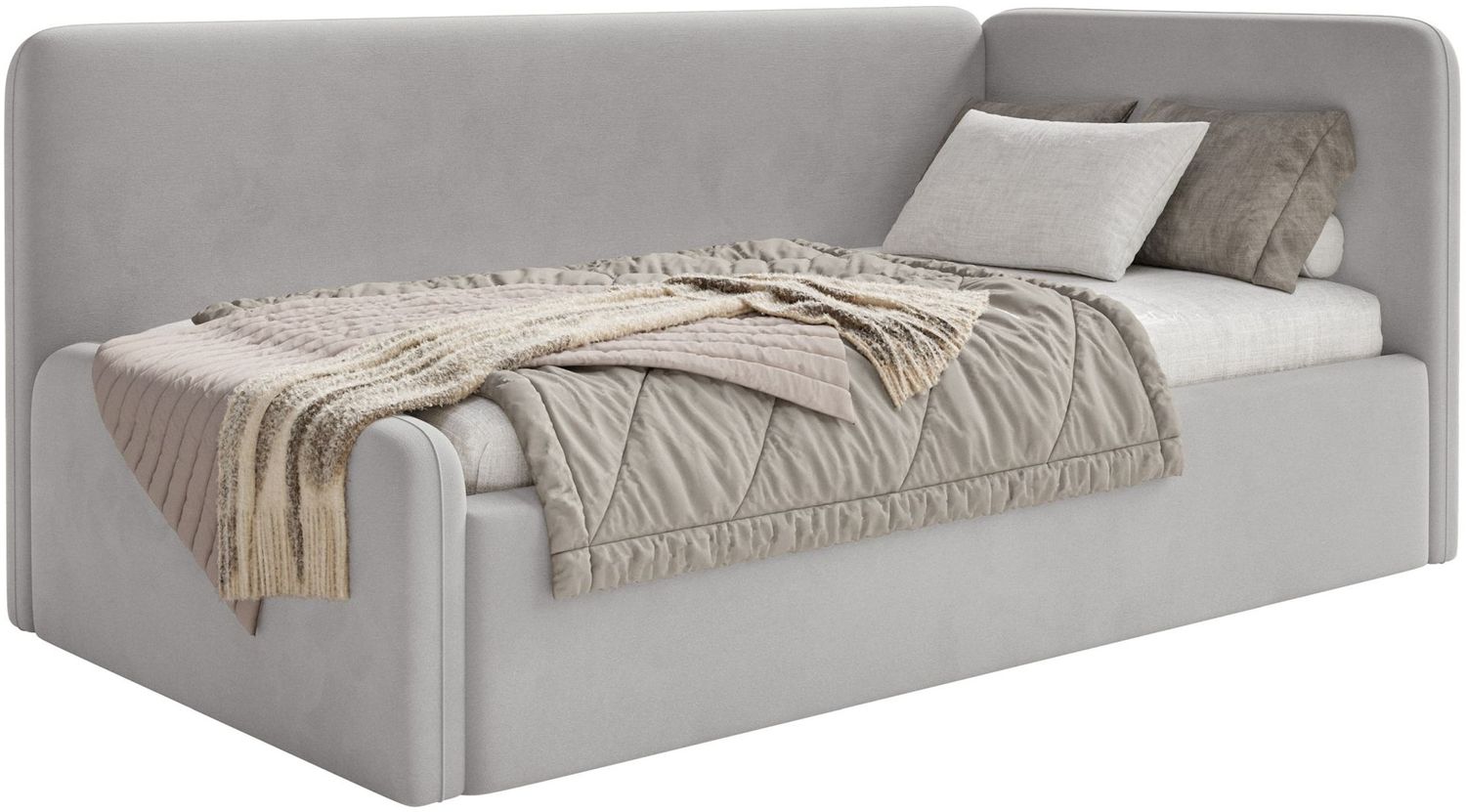 Selsey 'Fanko' Jugendbett 90x200 cm mit Rausfallschutz, Matratze, Kopfteil rechts, Samt, Hellgrau Bild 1