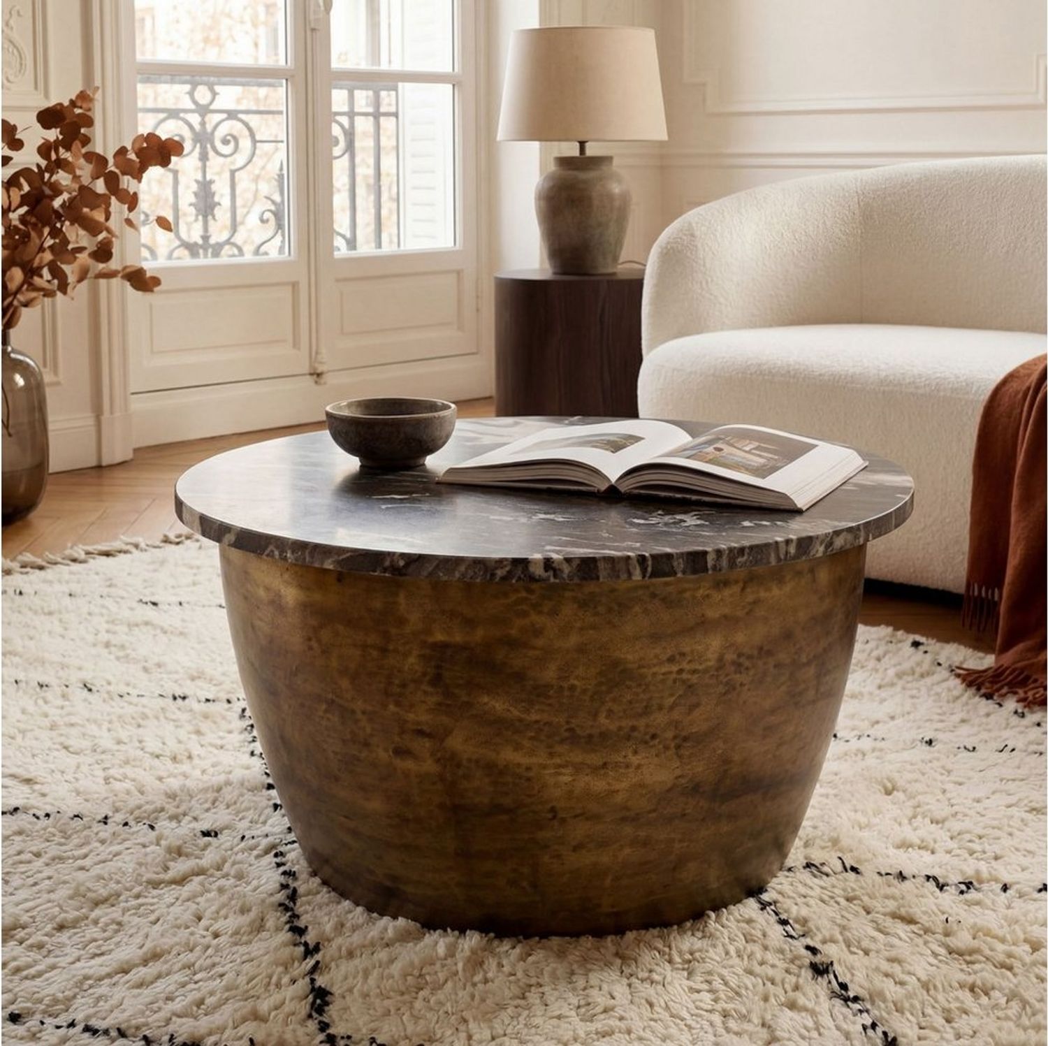 FINEBUY Couchtisch FB116611 Sofatisch Marmor Wohnzimmertisch 60cm rund Tisch Handmade (Extravaganter Tisch in moderner Trommelform), Schwarze Marmorplatte auf massivem Eisen Bild 1