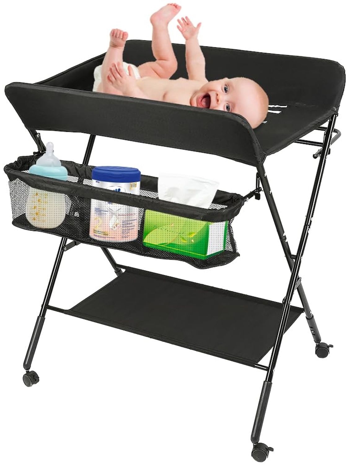 Wickeltisch, zusammenklappbar, mit Aufbewahrungskorb, Struktur aus Eisen, max. Belastung 25 kg, für Neugeborene, ergonomisches Design, Wickeltisch, 80 x 66 x 98 cm (Schwarz) Bild 1
