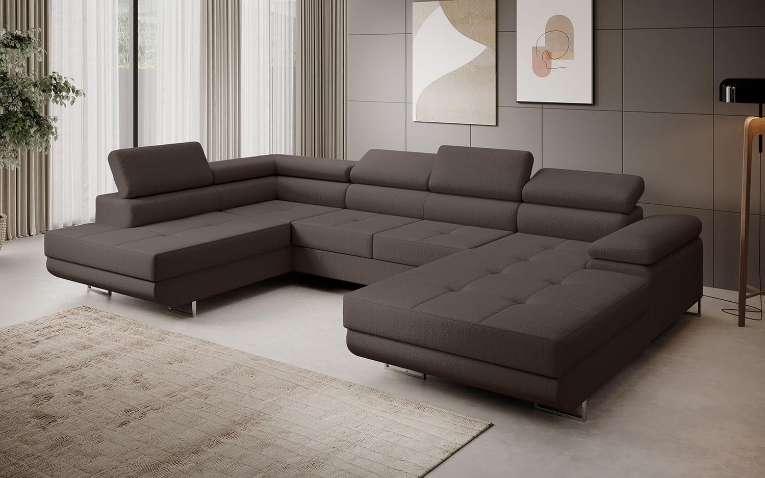 Sofa FERRO, moderne Couch mit verstellbaren Kopfstützen, ausziehbare Polstercouch, Sofa mit Schlaffunktion, zwei Bettkästen, U- Form - Vogue 06, 72 x 201 x 335 cm Bild 1