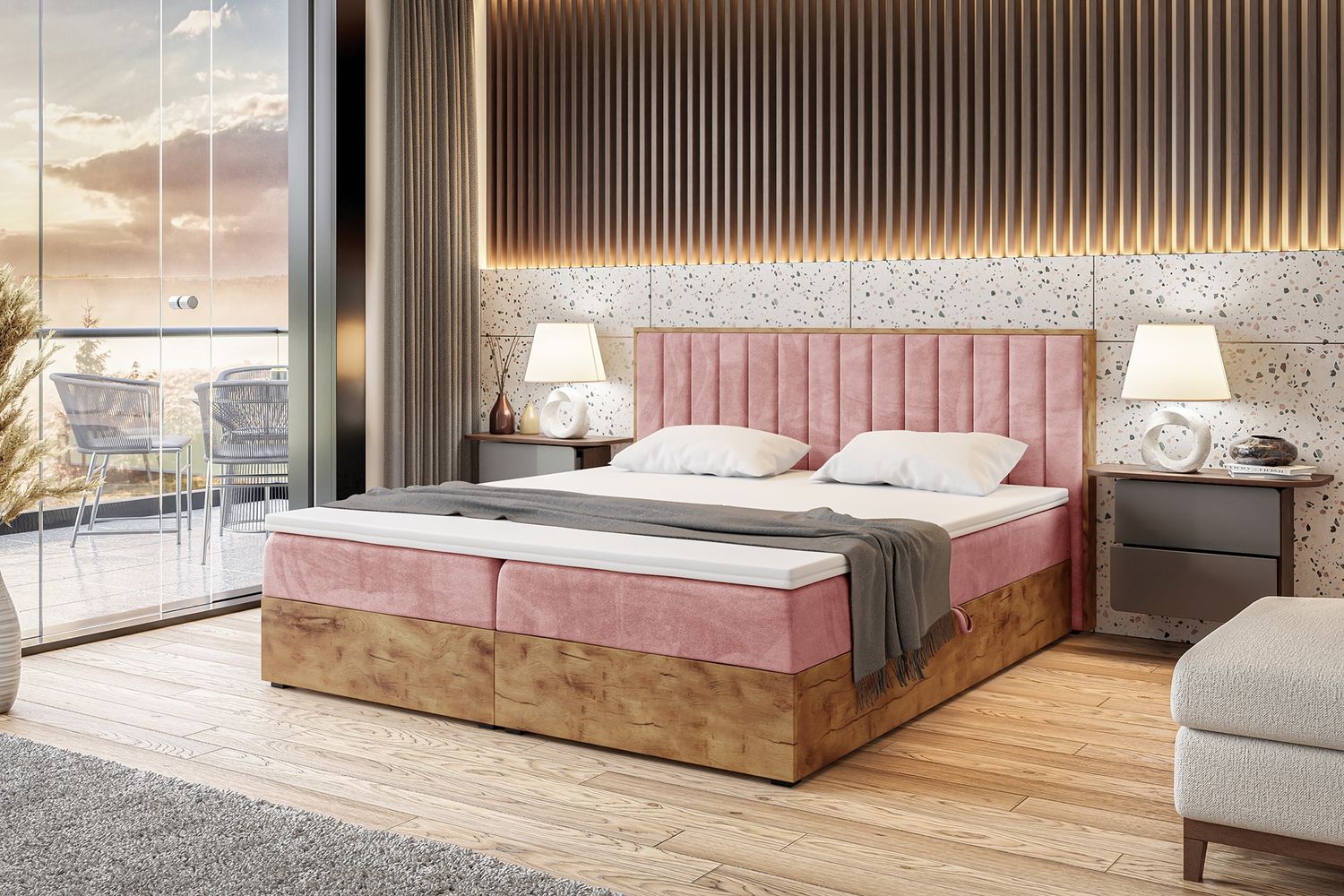 MEBLINI Boxspringbett LOFTY 4 200x200 cm mit Bettkasten - H4/Rosa Samt Polsterbett - Doppelbett mit Topper & Taschenfederkern-Matratze Bild 1