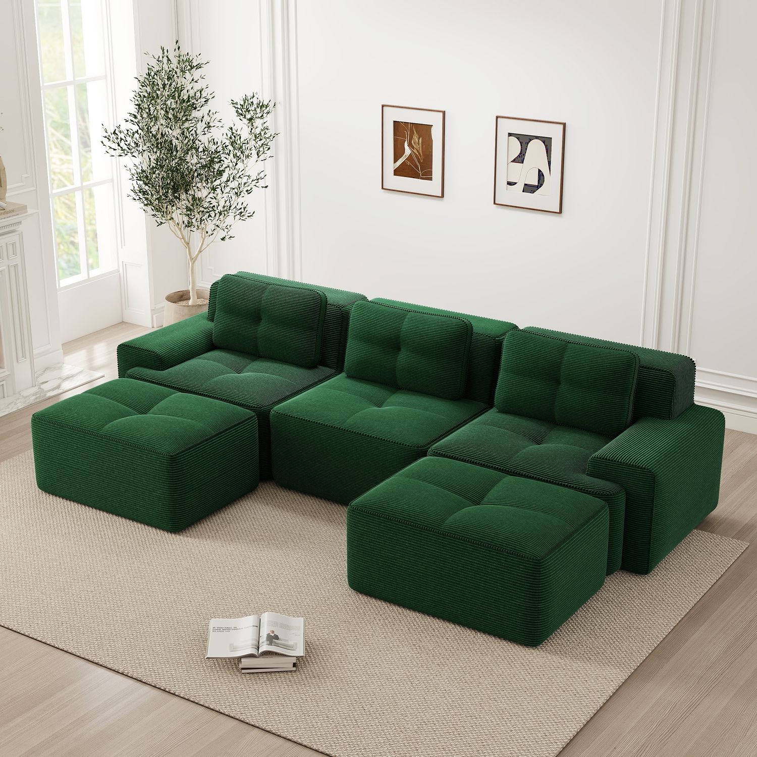 Modulsofa aus Cord, boneless Design mit Tiefsitz & flexiblen Modulen, 293 x 177 x 69 cm, Grün Bild 1
