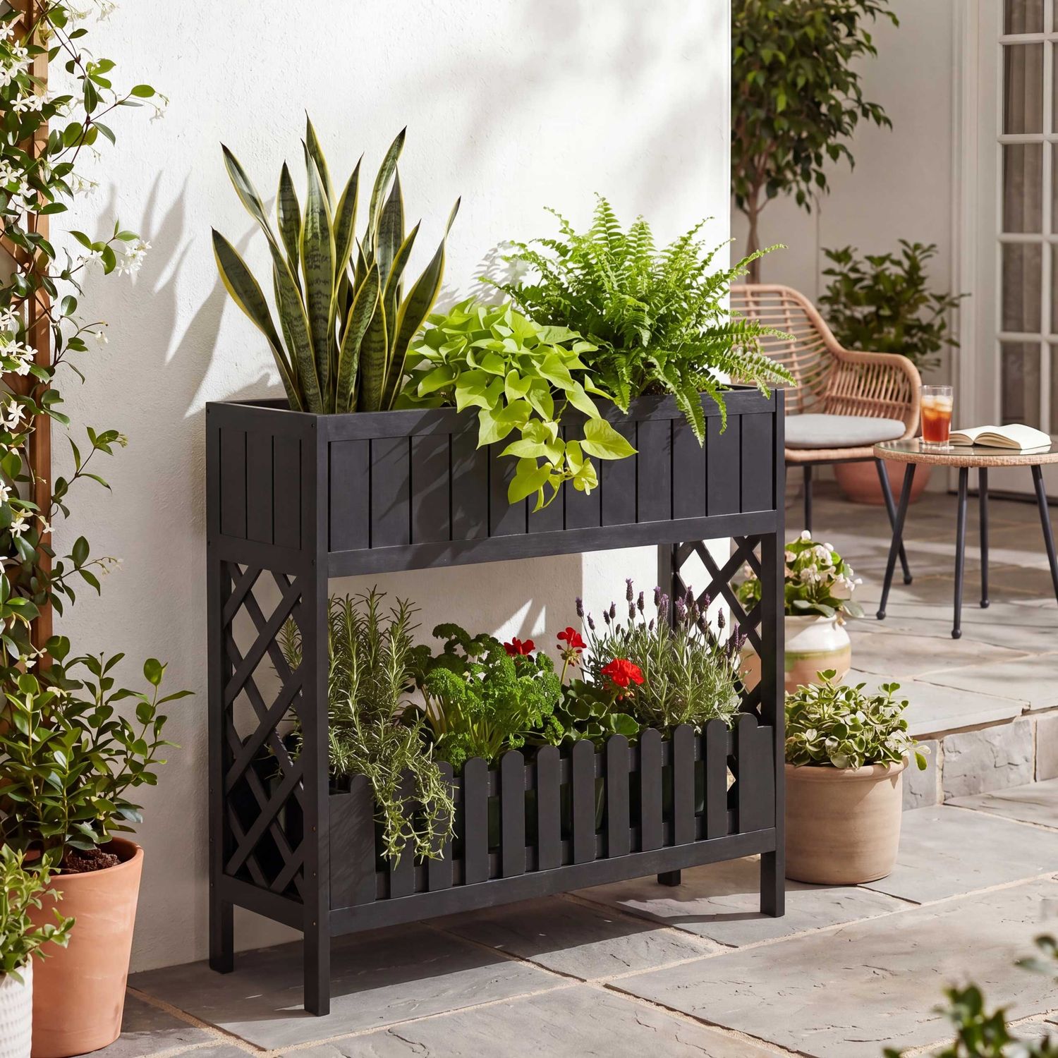 Hochbeet HWC-P83, Blumen-/Pflanzkasten Blumenregal Ablage, Outdoor Akazie Holz FSC®-zertifiziert 90 x 95 x 31 cm ~ schwarz Bild 1
