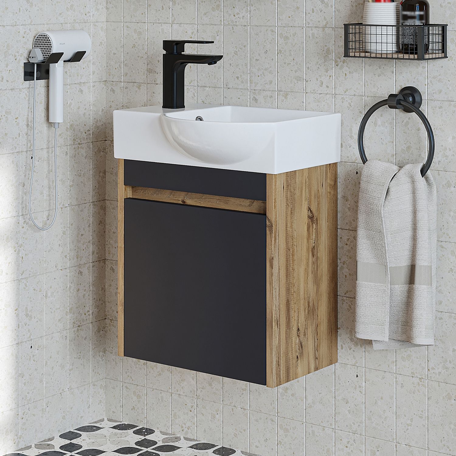 Roomart LEO Badmöbel Set– 2-teiliges Badezimmermöbel Set - Waschbecken mit Unterschrank - H 45 x B 24.5 x T 46.5 cm • Anthrazit-Eiche Bild 1