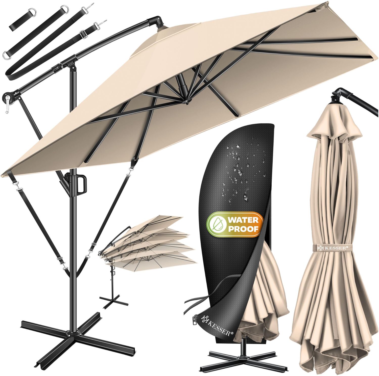 KESSER® 'Holly' Ampelschirm ohne LED Solar, inkl. Ständer, Abdeckung & Windsicherung mit Kurbel, Aluminium beige, Ø 350 cm Bild 1