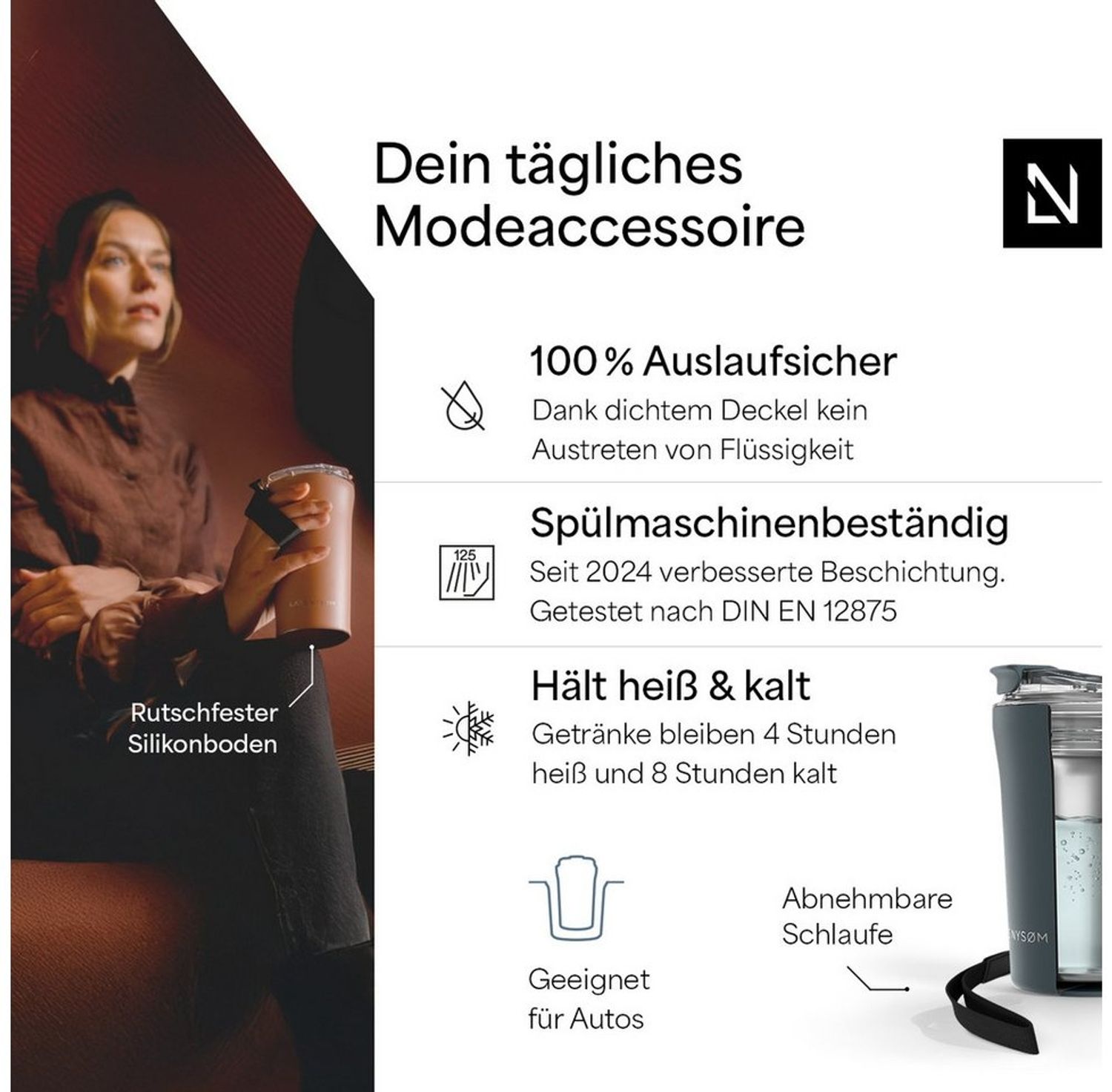 LARS NYSØM Thermobecher Rørelse, 1-tlg, Thermobecher m. Isolierung & Trageschlaufe: 4h heiß/8h kühl Bild 1