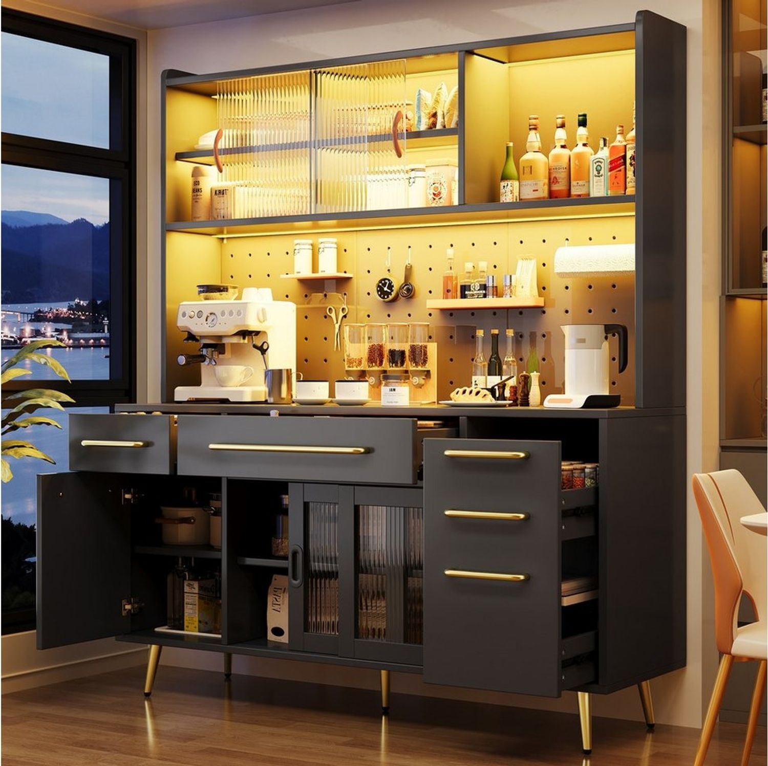 Flieks Küchenbuffet mit LED-Beleuchtung, Lochwandregalen, Glasschiebetüren und Schubladen (1-St) Hochschrank Küchenschrank Geschirrschrank mit verstellbarer Ablagen Bild 1