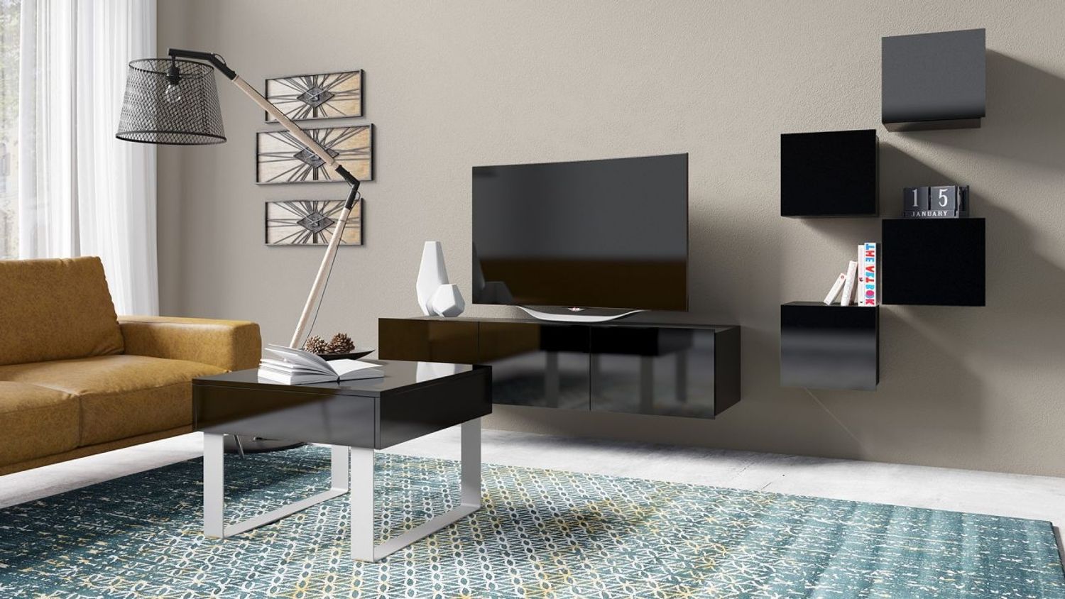 Fun-Möbel 'Kavos' Couchtisch mit Schublade, Schwarz Glanz, 63,5x63,5 cm Bild 1