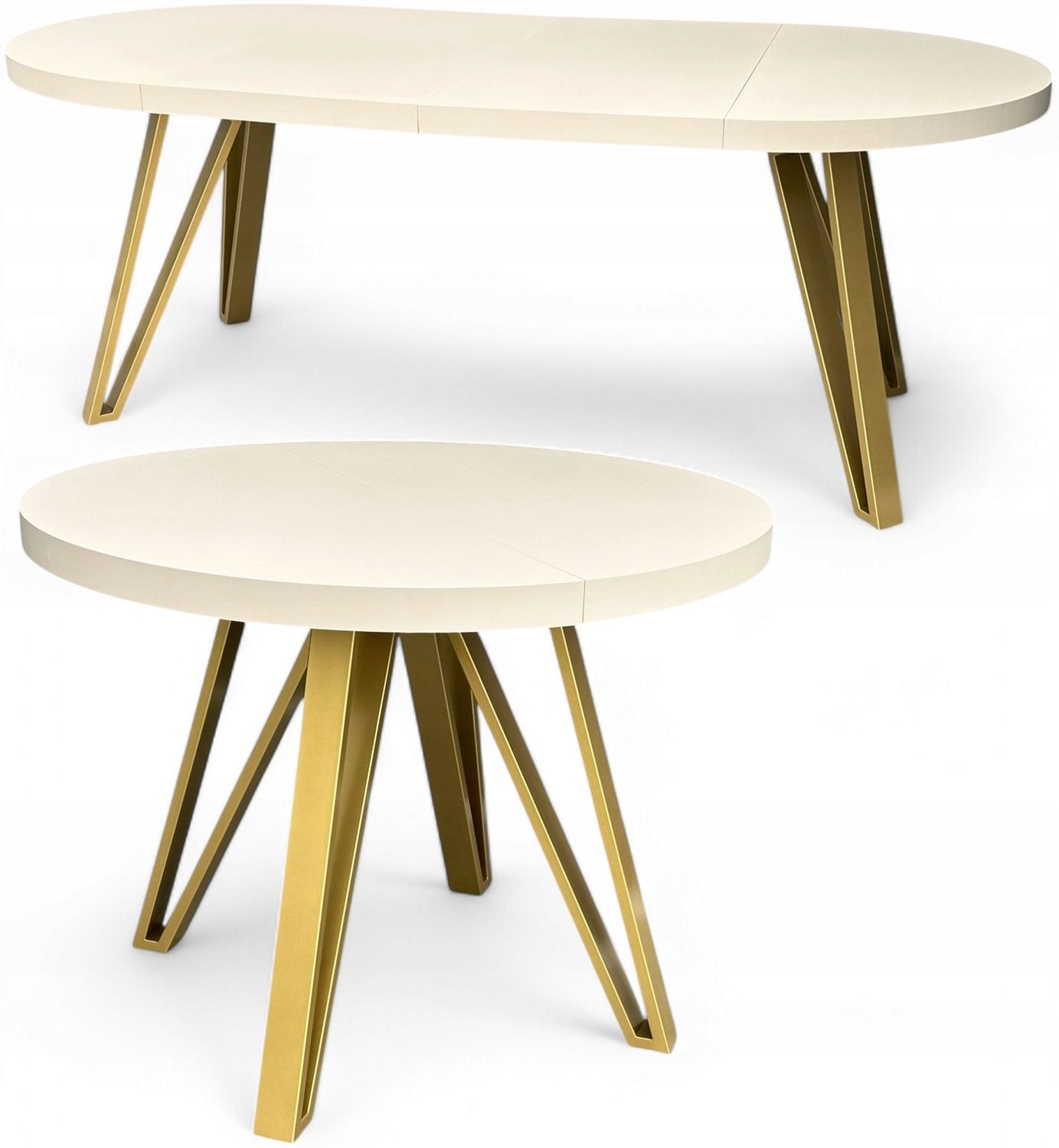 Runder ausziehbarer Tisch Ø110 cm in Kaschmir Beige mit goldenen Metallfüßen Bild 1