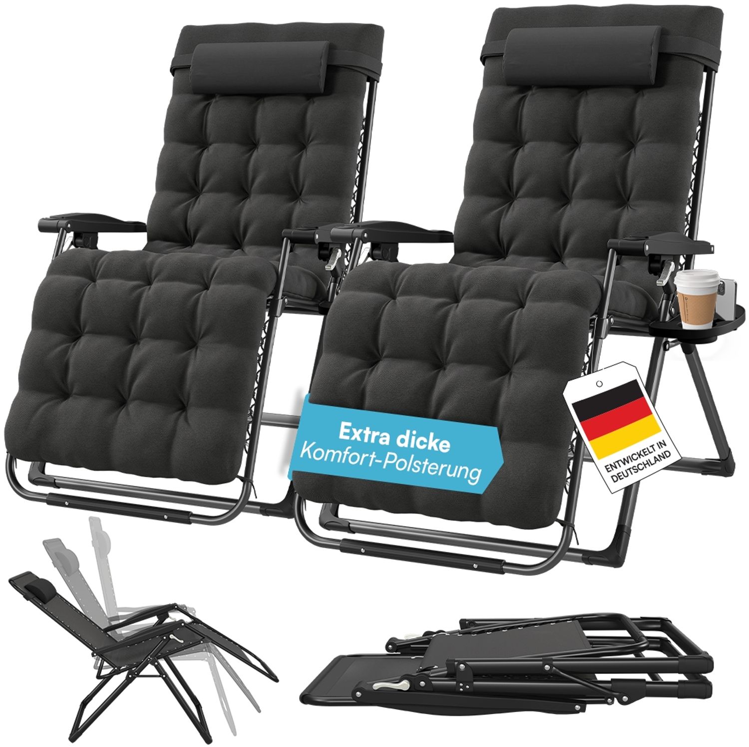 STEELSØN 'Lysira' Liegestuhl, klappbar & wetterfest, schwarz, Sonnenliege mit extra dicker Polsterauflage, verstellbarer Gartenstuhl, bis 200 kg belastbar, 2er Set Bild 1