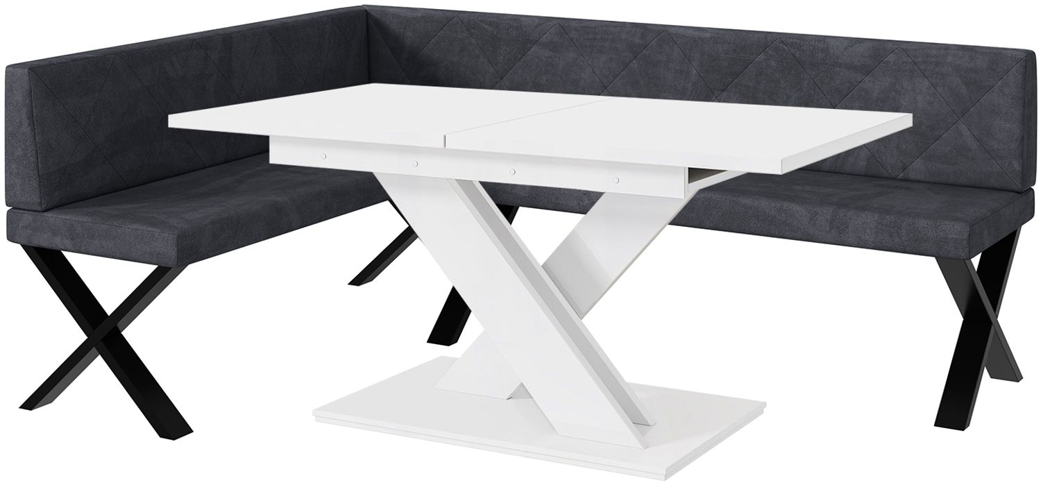 MEBLINI Eckbank für Esszimmer mit ausziehbarem Tisch - Küchenbank - Essecke - Sitzecke Küche - ERIC - X-Beine 142x196x87cm Links - Dunkelgrau Samt/B Weiß Matt Bild 1