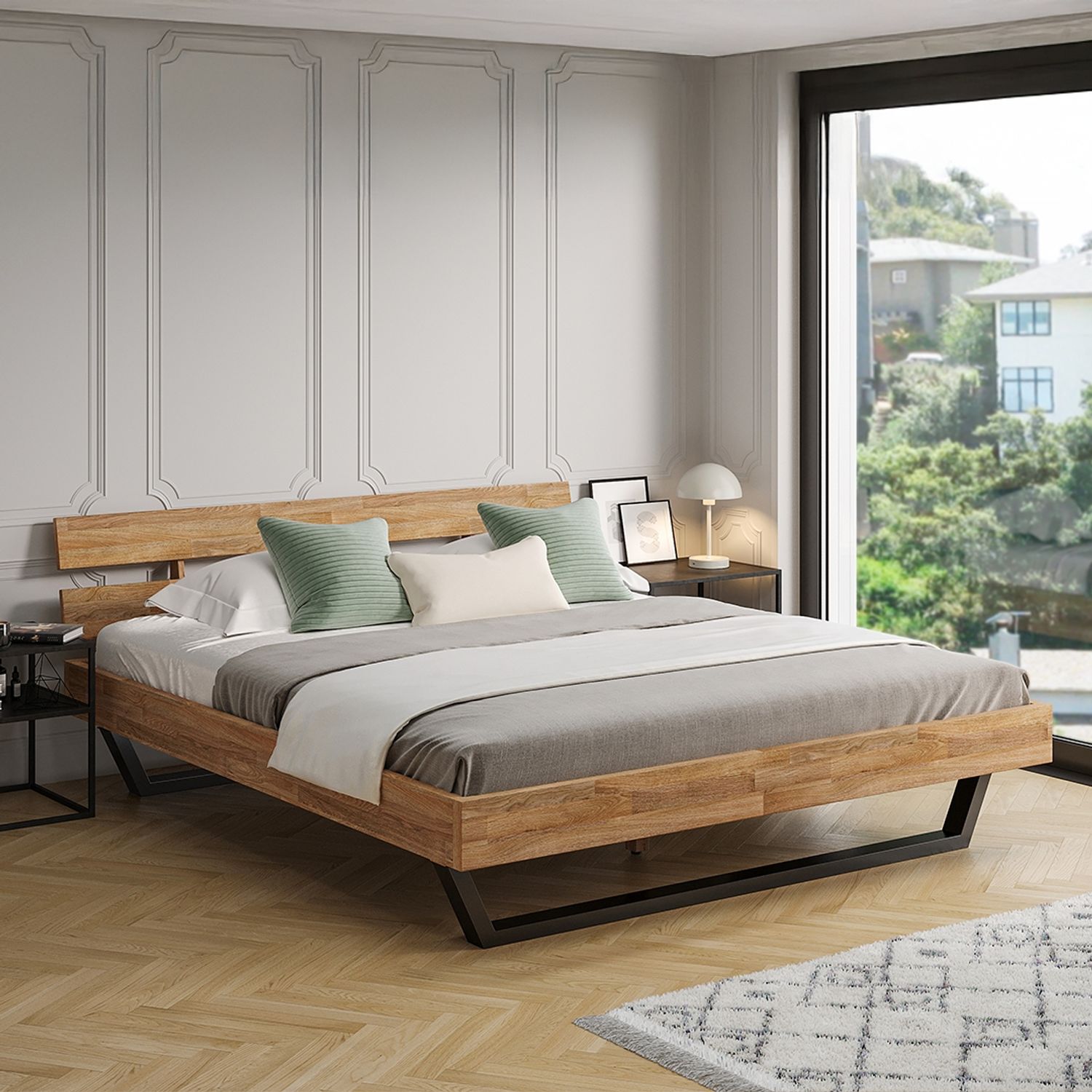 skølm 'Alver' Bett 180x200 cm, Bettgestell, natur geölt, Massivholzbett aus Eiche mit Metallkufen, Doppelbett mit Streben Bettkopf Bild 1