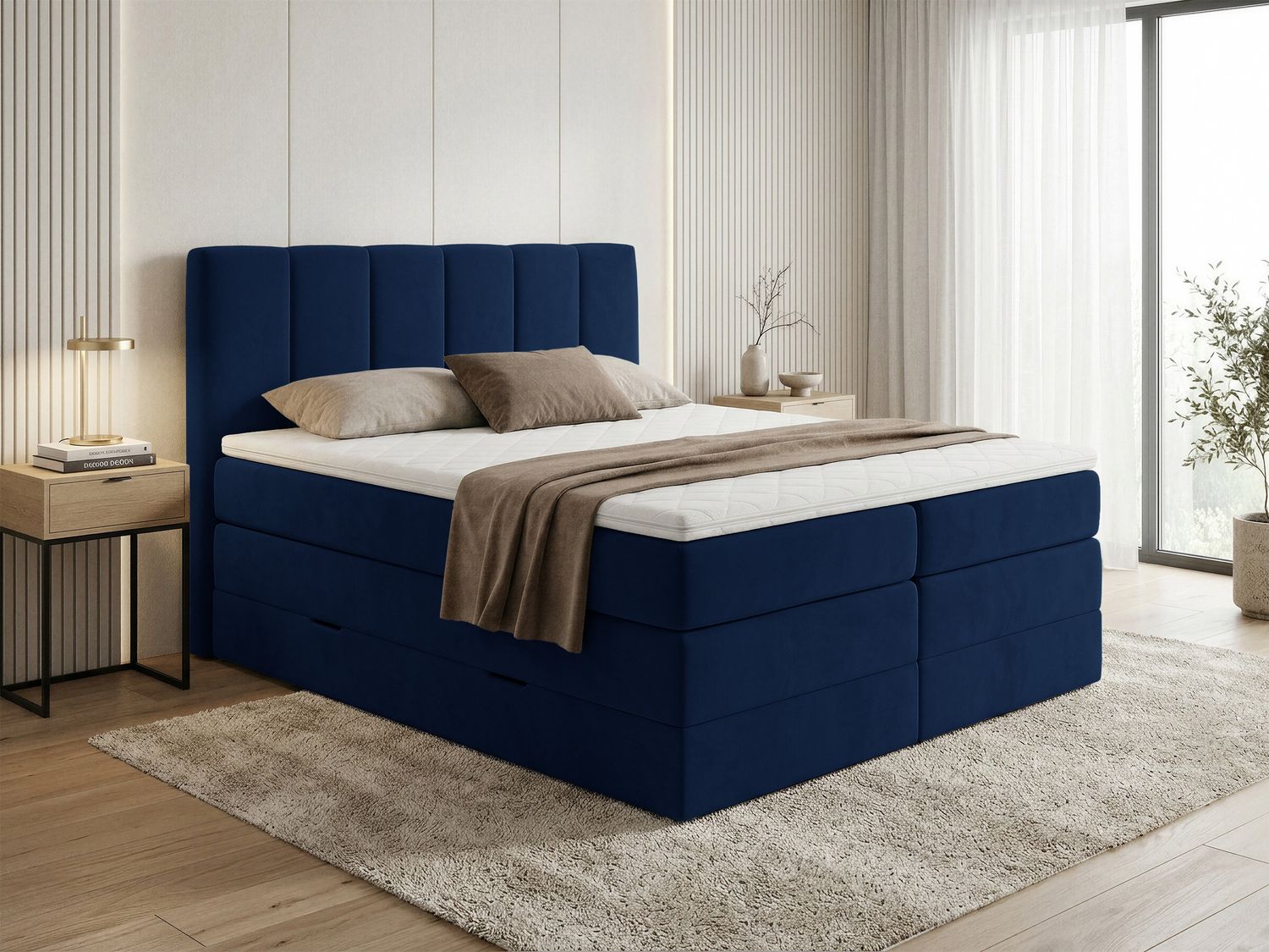 Boxspringbett Star XL mit 2 Bettkästen und Topper, mit Taschenfederkern- und Bonellfederkernmatratze, Doppelbett, Polsterbett aus Veloursstoff mit Stauraum (Blau (Kronos 09), 180 x 200 cm) Bild 1