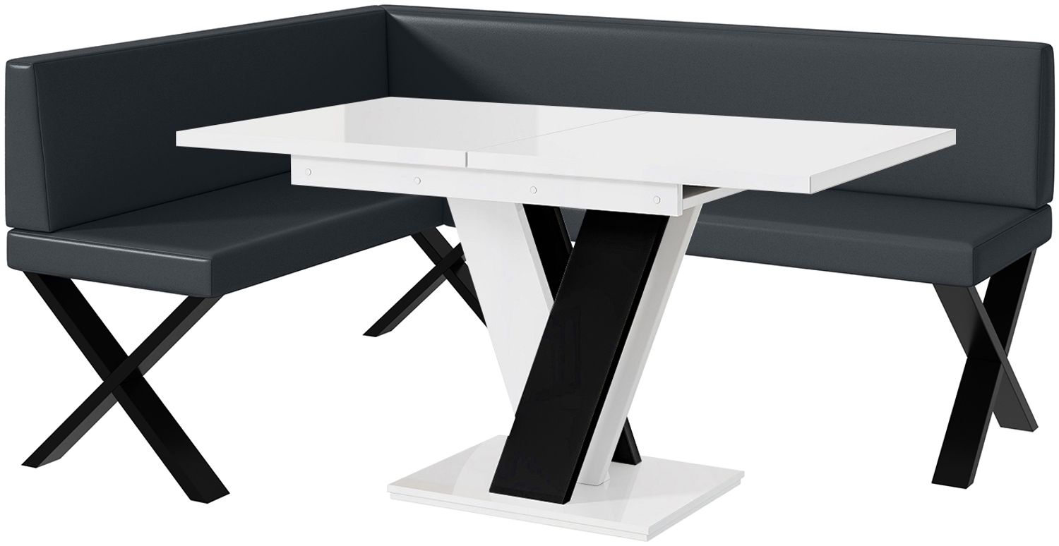 MEBLINI Eckbank für Esszimmer mit ausziehbarem Tisch - Küchenbank - Essecke - Sitzecke Küche - TONI - X-Beine 128x168x87cm Links - Dunkelgrau Kunstleder/M Weiß-Schwarz Hochgl. Bild 1