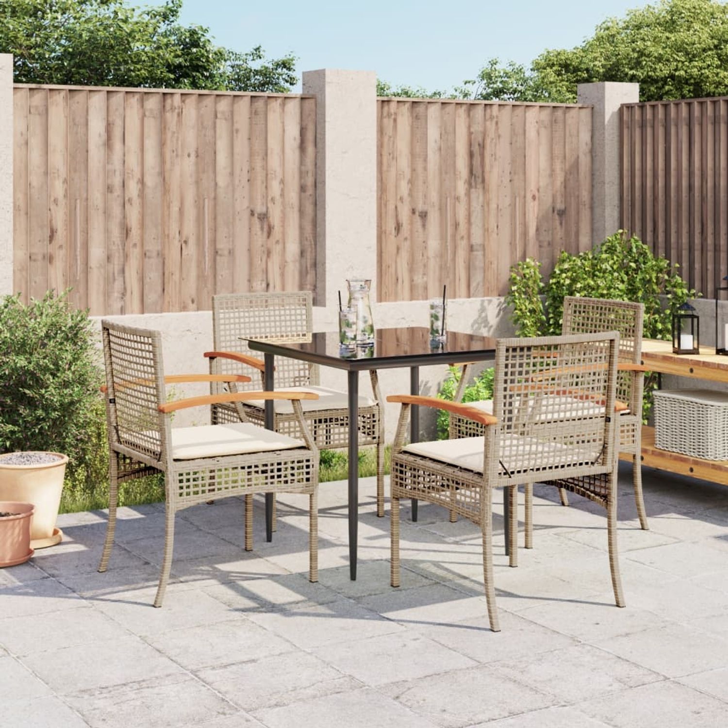 vidaXL 5-tlg. Garten-Essgruppe mit Kissen Beige Poly Rattan 3213625 Bild 1