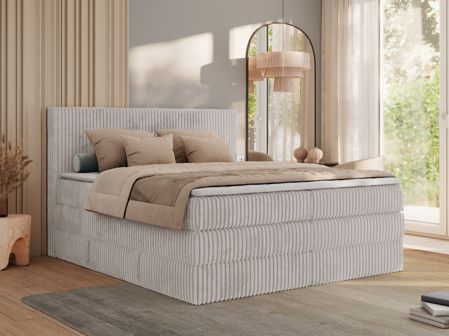 Boxspringbett, Doppelbett mit zwei Bettkästen und Multipocket-Matratze, Cord Bett - TILIANO KING - 180 x 200 cm - Hellgrau Cord - H4 Bild 1