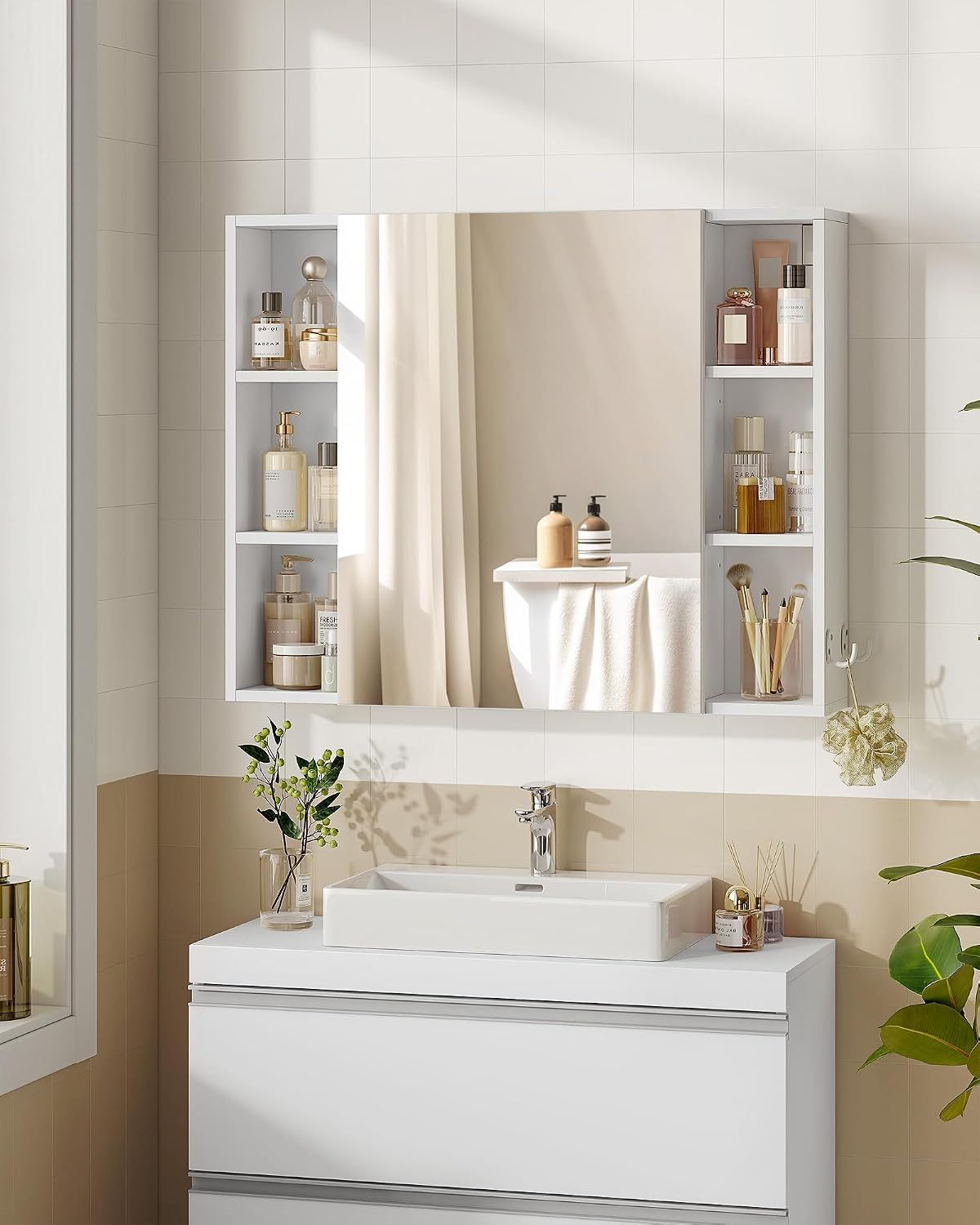 Spiegelschrank, Badezimmer Spiegelschrank, Wandschrank, Hängeschrank mit Spiegeltüren und offenem Fach, Verstellbare Ablage, Flexibel Montierbar 16,5 x 80 x 65 cm, Weiß Bild 1