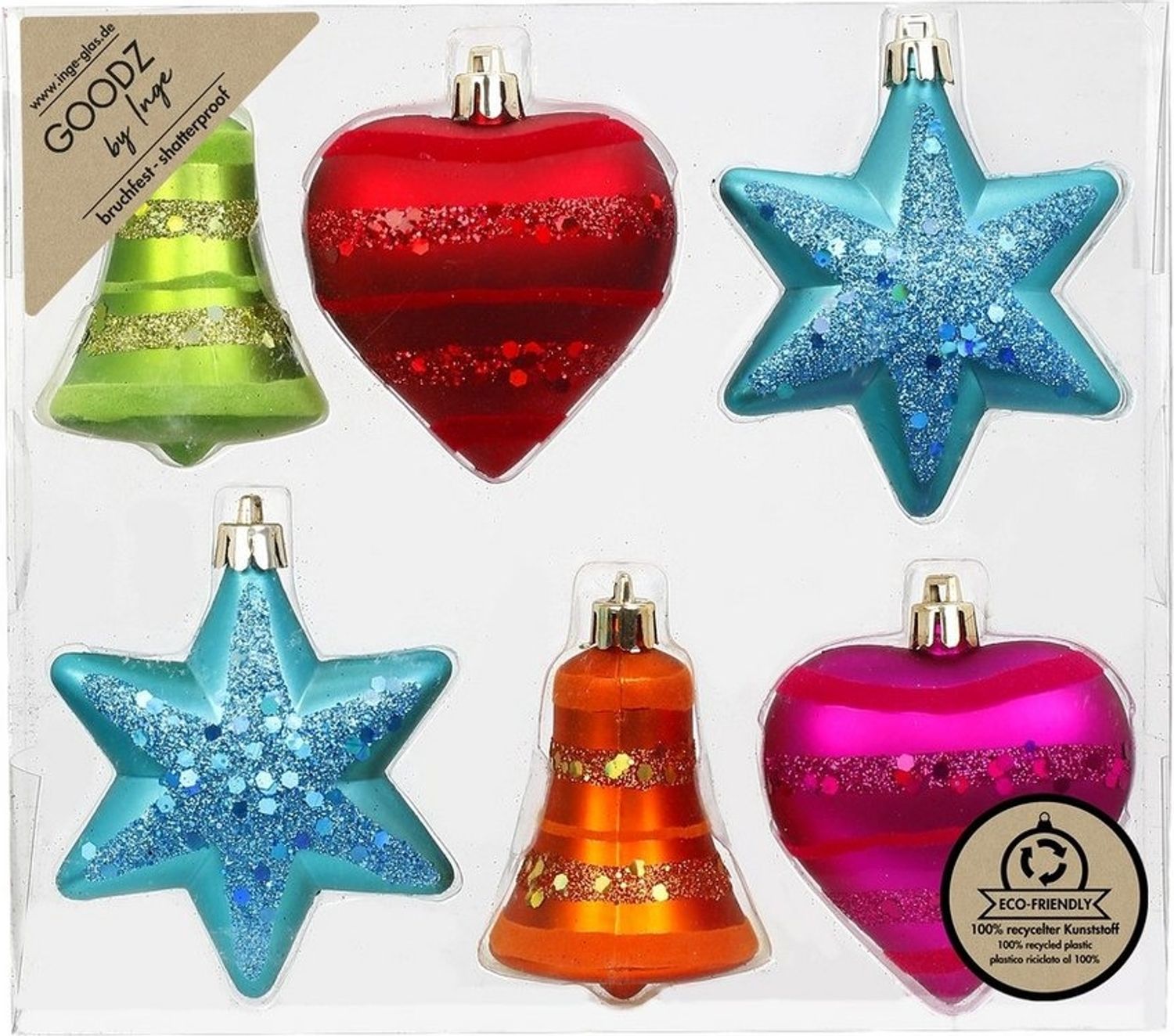 INGE-GLAS® Weihnachtsbaumkugel Christbaumschmuck Glocke Herz Stern Kunststoff 14 cm 6 Stück bunt Bild 1