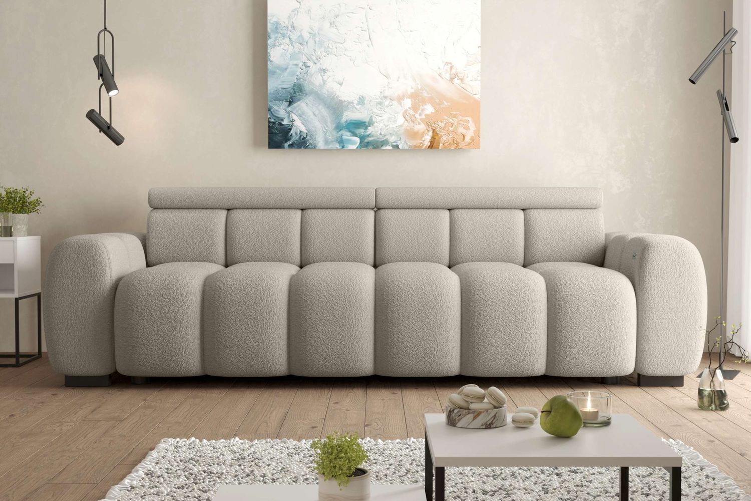 99rooms Alessio Bigsofa Boucle-Stoff ABRIAMO Cappuccino mit Sitztiefenverstellung Lieferung Wohnung Bild 1