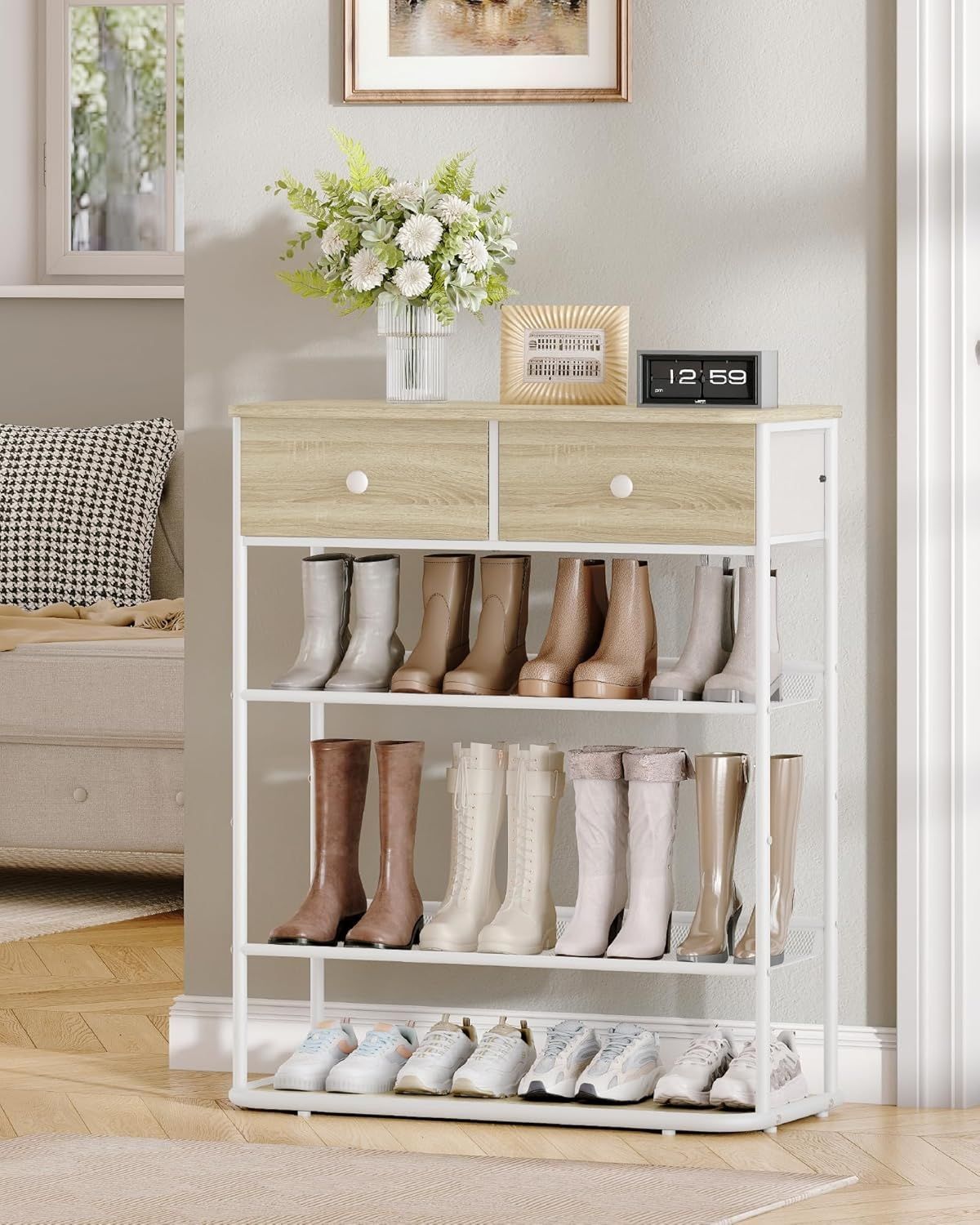 Schuhregal, Schuhablage mit 5 Ebenen, Schuhregal Groß mit 2 Stoffschubladen, 3 Gittern, Verstellbaren Gitterablagen, 16-20 Paar, Schuhständer für Eingang, Flur, Eichefarben-Weiß Bild 1