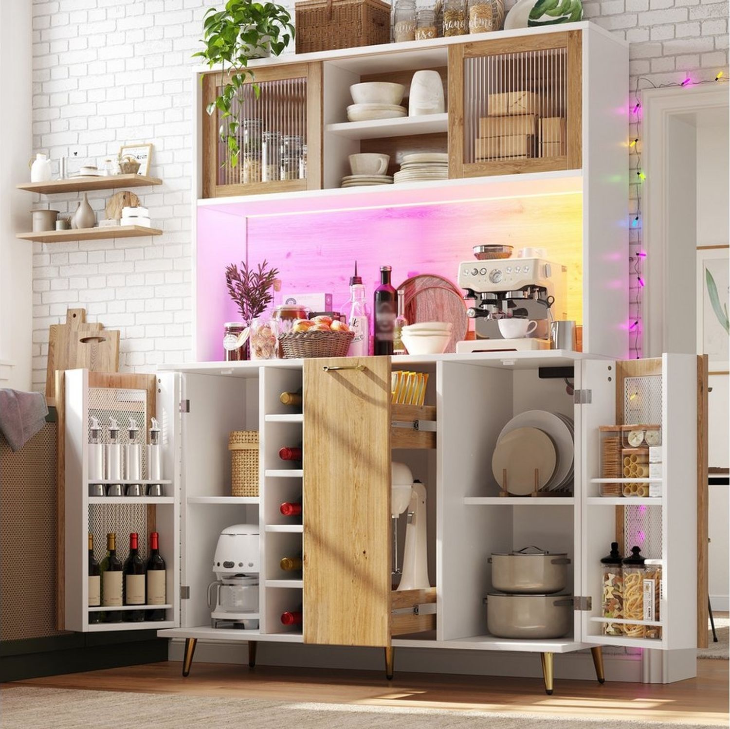 Flieks Küchenbuffet mit Steckdose, LED-Beleuchtung, Glasschiebetüren und Weinregal (Buffetschrank in Holzoptik mit Glasschiebetüren und Drahtgitter-Türen, 1-St, B120/T40/H170 cm) Hochschrank Küchenschrank Geschirrschrank mit verstellbarer Ablagen Bild 1