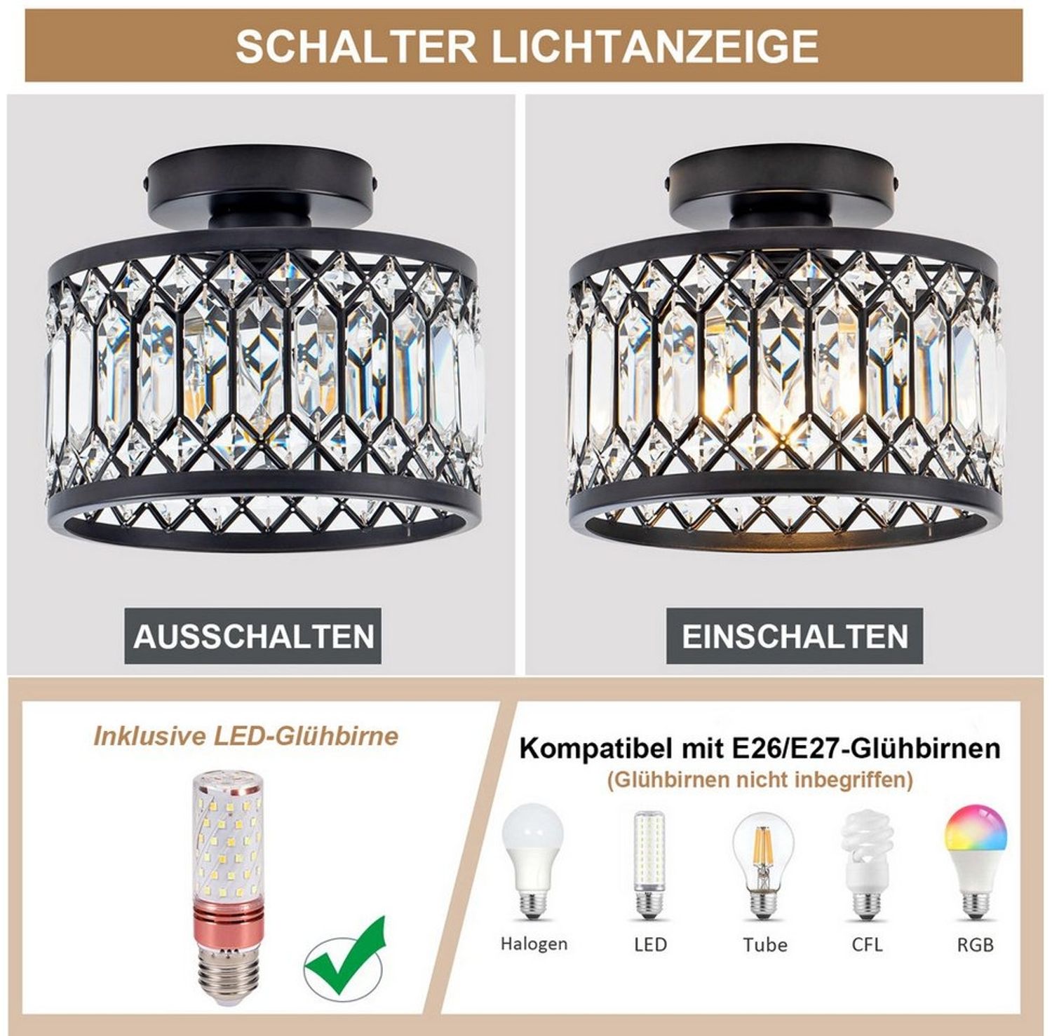 Jibenhome LED Pendelleuchte Schwarz Deckenleuchte mit Kristallschirm,Moderne Deckenlampe , LED wechselbar, E26/E27,3 Farbtemperaturen, fürWohnzimmer,Küche,Flur,Büro Bild 1