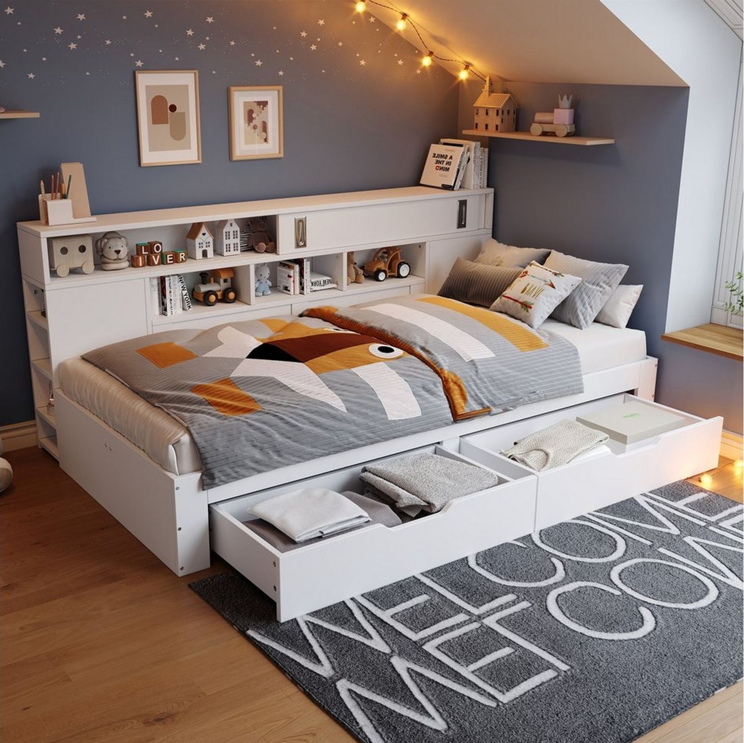 OKWISH Hochbett Bettkasten mit Stauraum (Daybett, Multifunktionales Kinderbett, mit Schubladen,Bücherregal und Stauschrank) 90*200cm, ohne Matratze Bild 1