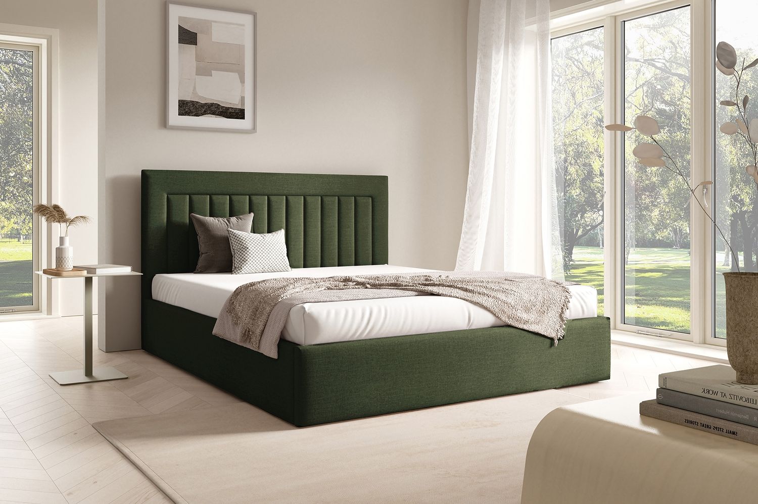 MEBLINI Polsterbett 140x200 mit Lattenrost ohne Matratze – BELORDI – Grün Samt – Doppelbett mit Bettkasten - Stauraumbett - Kopfteil Bett mit Stauraum Bild 1