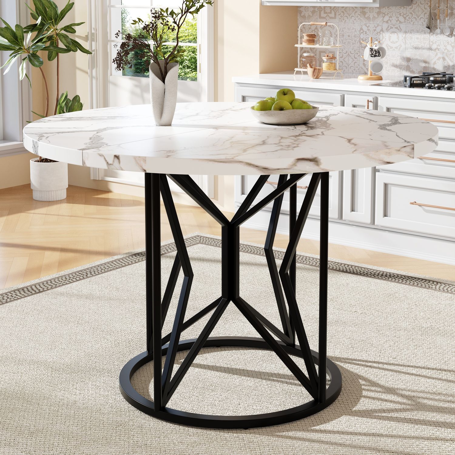Esstisch weiß-Schwarz 100cm×100cm ×76cm, Marmorplatte, stabiles Metallgestell, standfester Tisch, verstellbare Beine Bild 1