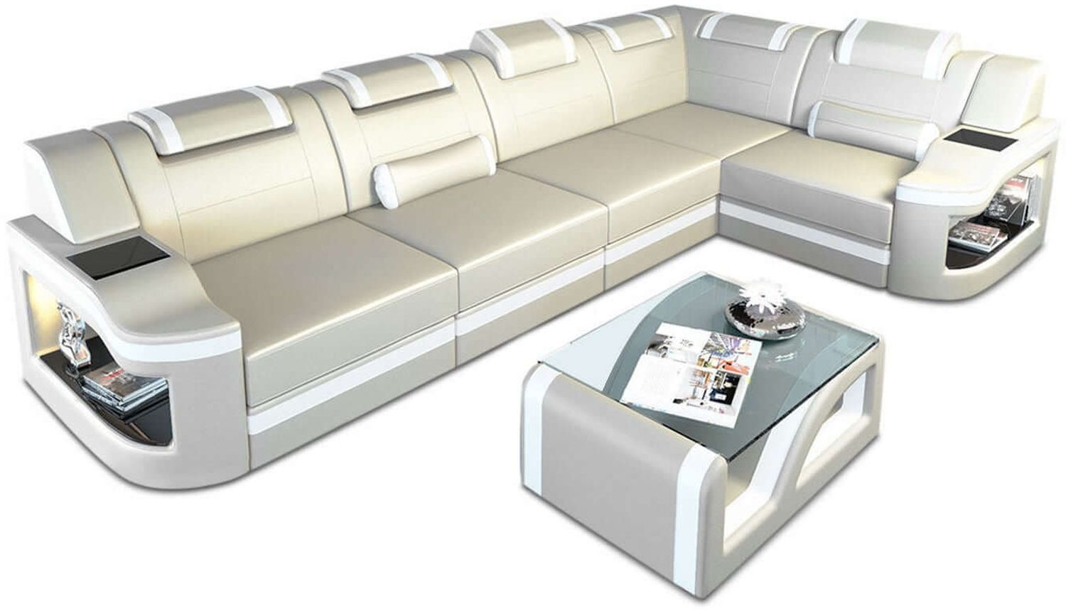 Mini Ecksofa Padua L Form aus Leder - Ledermix - beige-weiß - Rechts Bild 1