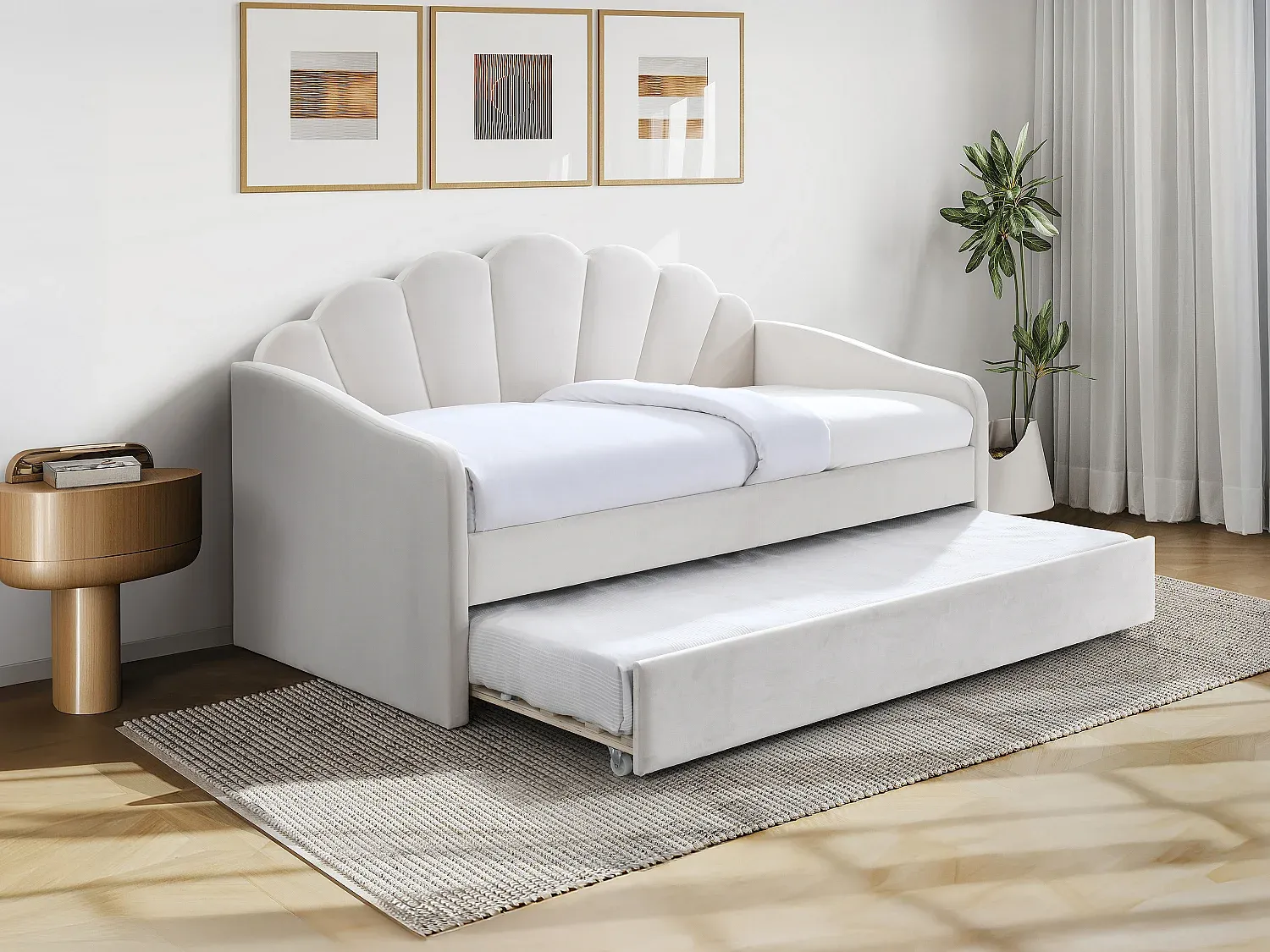 Vente-unique - ELUSIA Bett SamtStoff Weiß - B 100 cm x H 116,5 cm x L 204 cm Bild 1