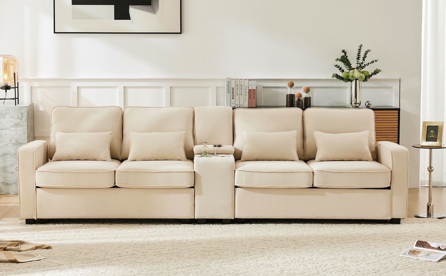 4-Sitzer Sofa mit Konsole, USB & Getränkehaltern, Leinen, 290x83x88 cm, Beige Bild 1