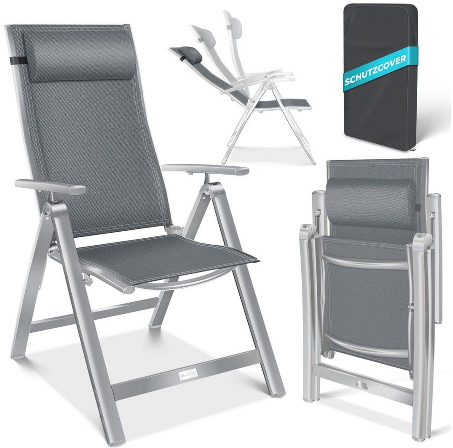 KESSER® Gartenstuhl Hochlehner mit Armlehnen | Aluminium Klappstuhl inkl. Kopfkissen Campingstuhl 7-Fach Verstellbar Rückenlehne | Atmungsaktiv & Wetterfest | Klappbar & Anti-Rutsch Hellgrau, 1 Stück Bild 1