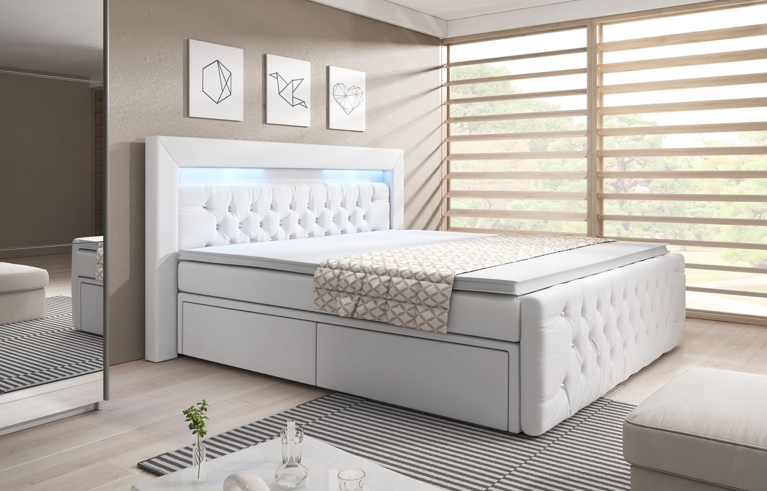 Arona Boxspringbett mit Schubladen, LED-Beleuchtung, Blau-LED, 140 x 200 cm, Matratze H4, Weiß Bild 1