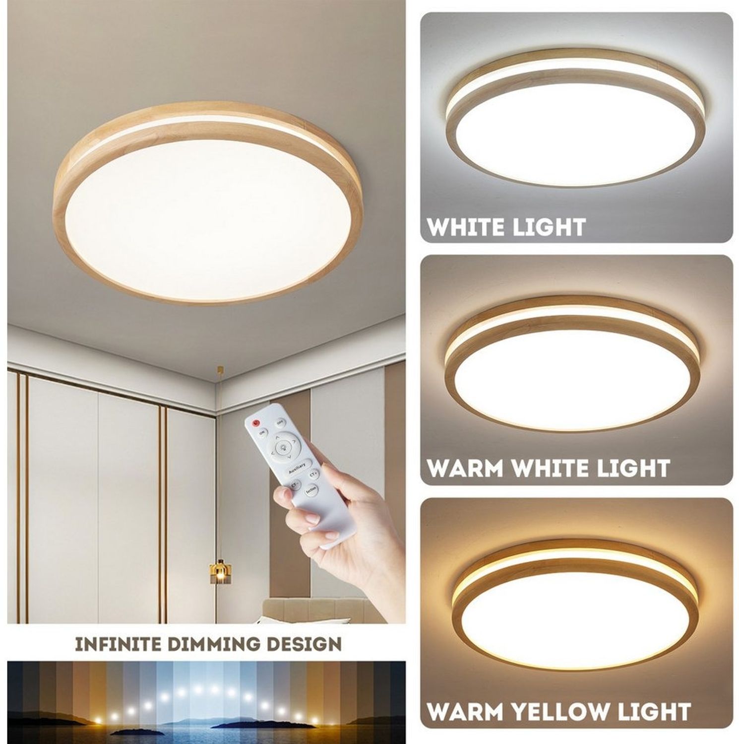 style home Deckenleuchte LED Deckenlampe Holz, dimmbar mit Fernbedienung 3000-6000K, 96W, LED fest integriert, 50*50*6cm, Runde Lampe, für Wohnzimmer Schlafzimmer Küche Diele Flur Bild 1