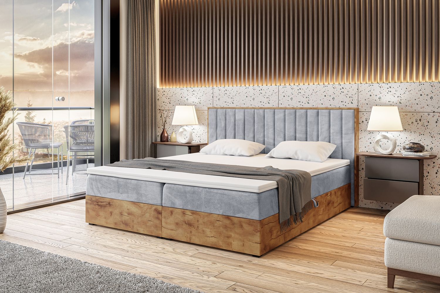 MEBLINI Boxspringbett LOFTY 4 160x200 cm mit Bettkasten - H3/Hellgrau Samt Polsterbett - Doppelbett mit Topper & Taschenfederkern-Matratze Bild 1