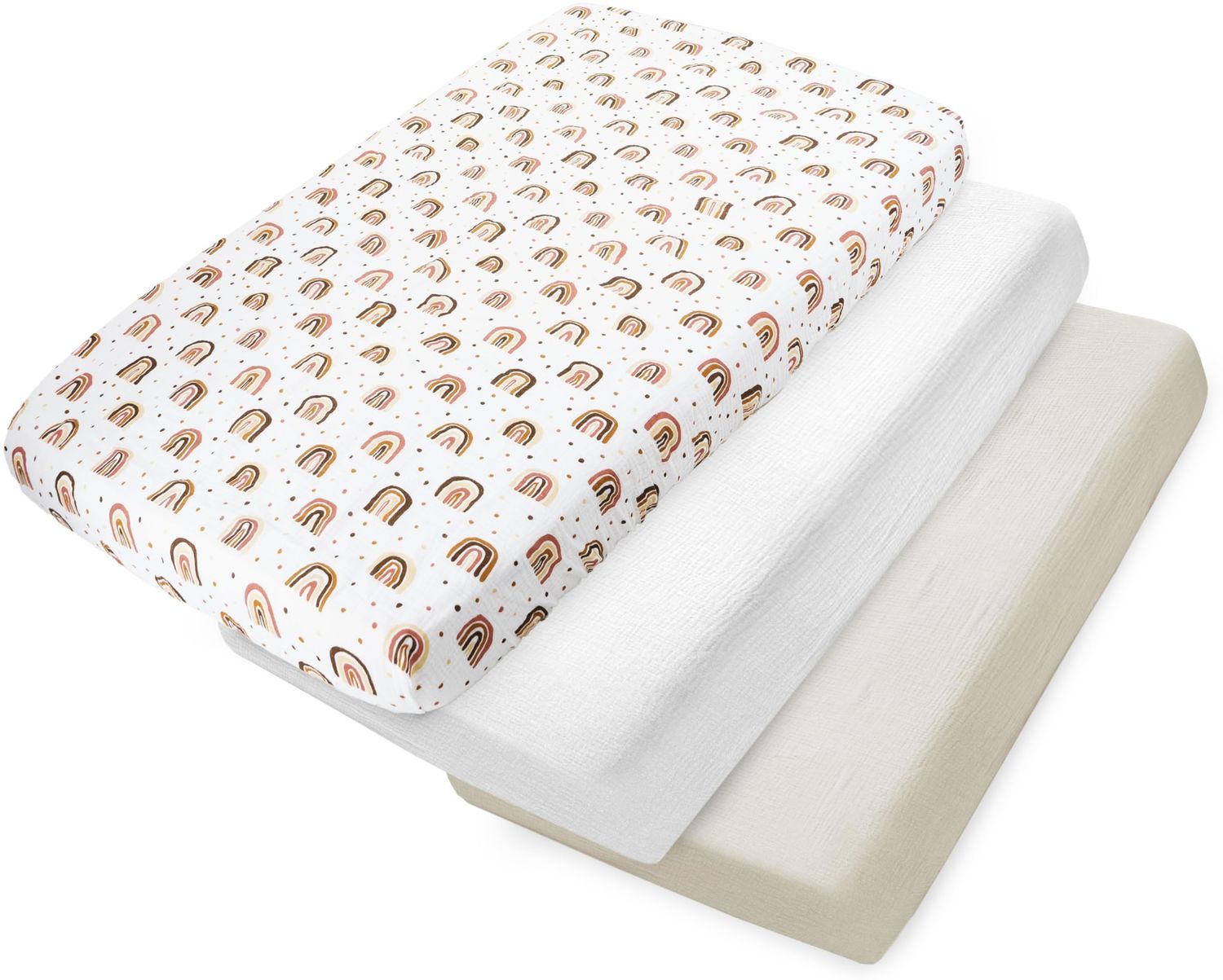 Medi Partners Spannbettlaken Musselin 60x120 3-Pack Baby Bettlaken Kinderbett Spannbetttuch 100% Baumwolle - Musselinlaken Bettwäsche Babymatratze Schlafsack Babybett (Regenbogen-Weiß-Grau) Bild 1