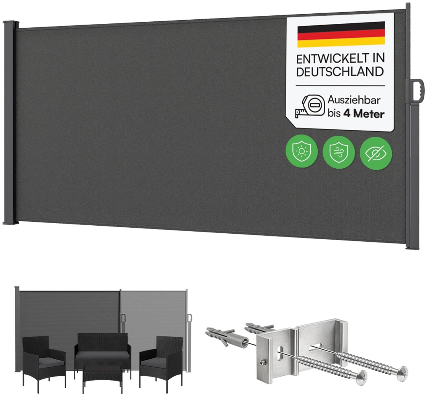 STEELSØN 'Zirella' Seitenmarkise mit Aluminium-Kassette, ausziehbar, 200x400 cm, anthrazit, Windschutz, wetterfest und blickdicht Bild 1