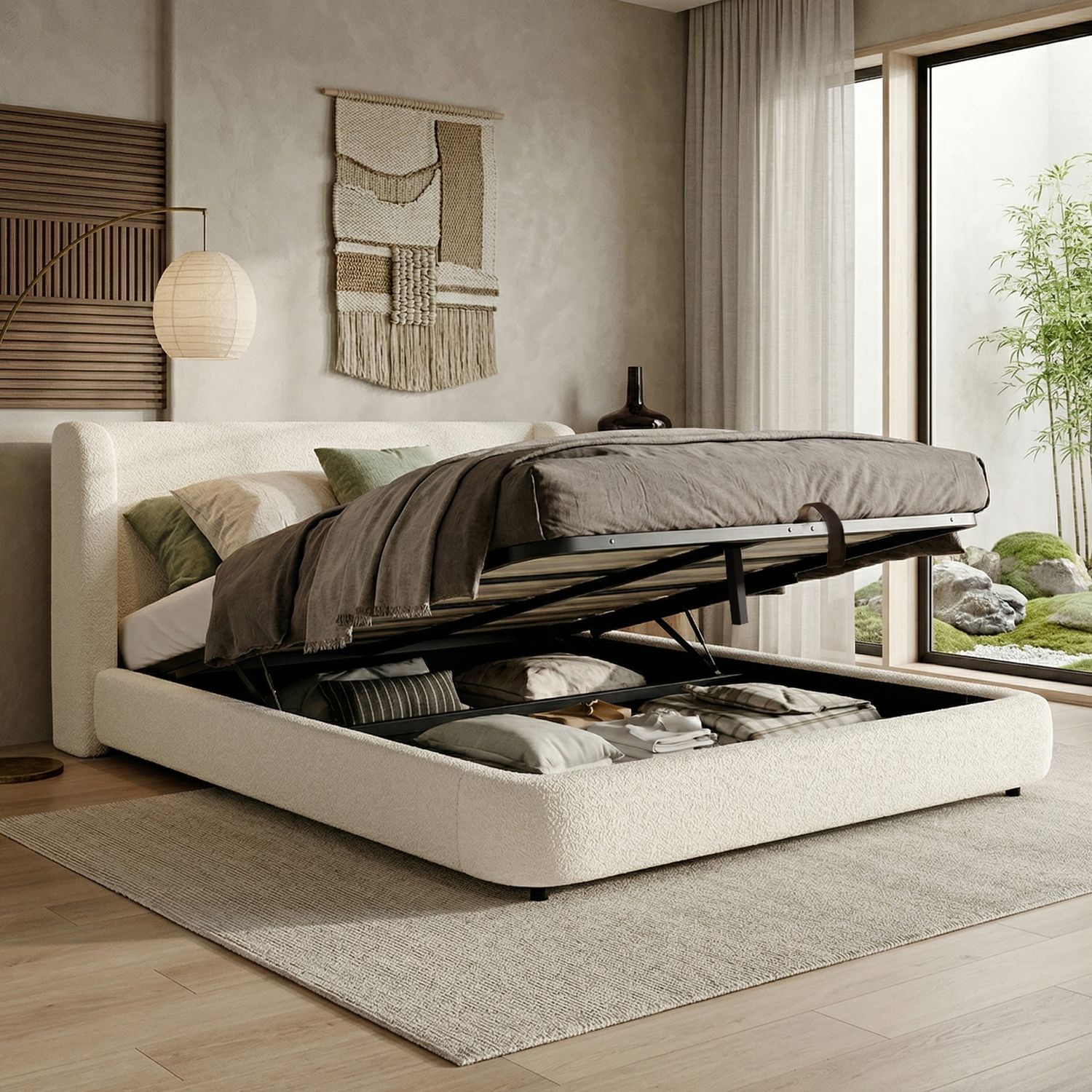Merax Polsterbett, 180 x 200cm Doppelbett, hydraulisches Funktionsbett, Bett mit Lattenrost, Kopfteil und großem Stauraum, gepolstertes Kopfteil, Beige Bouclé Bild 1