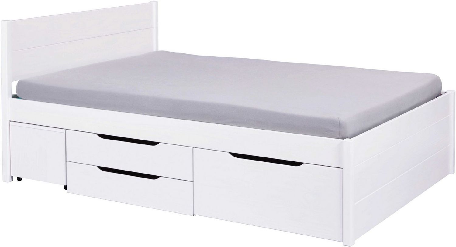 Inter Link - Bett mit Schubladen - Doppelbett 140x200 cm – Kojenbett mit Stauraum – Kiefer massivholz – 2 Schubladen und 1 Schubkasten – Inkl Lattenrost – Weiß lackiert – Efetivo 140x200 cm Bild 1