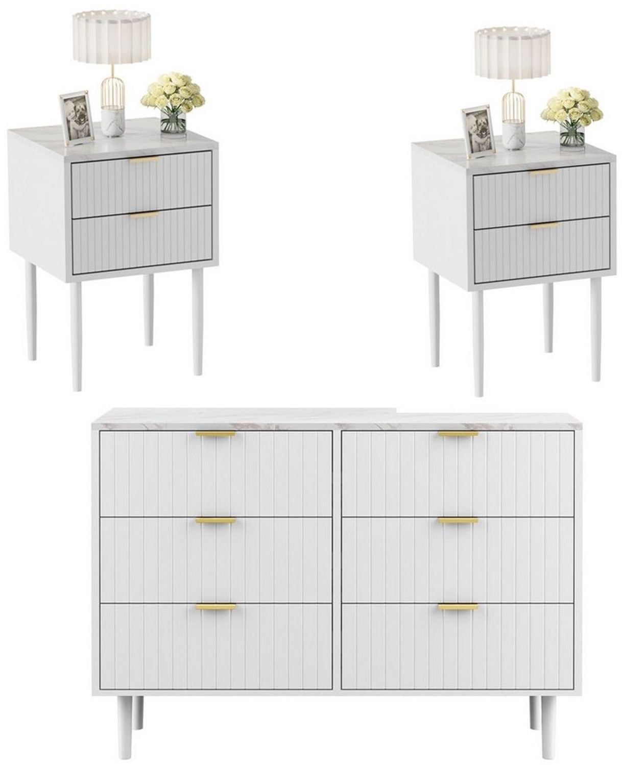 UEV Schlafzimmer-Set, 3er-Set Schlafzimmermöbel in Marmoroptik, (Kommode mit 6 Schubladen und 2er-Set Nachttisch marmor), Sideboard mit Kisppschutz, mit Soft-Close Bild 1