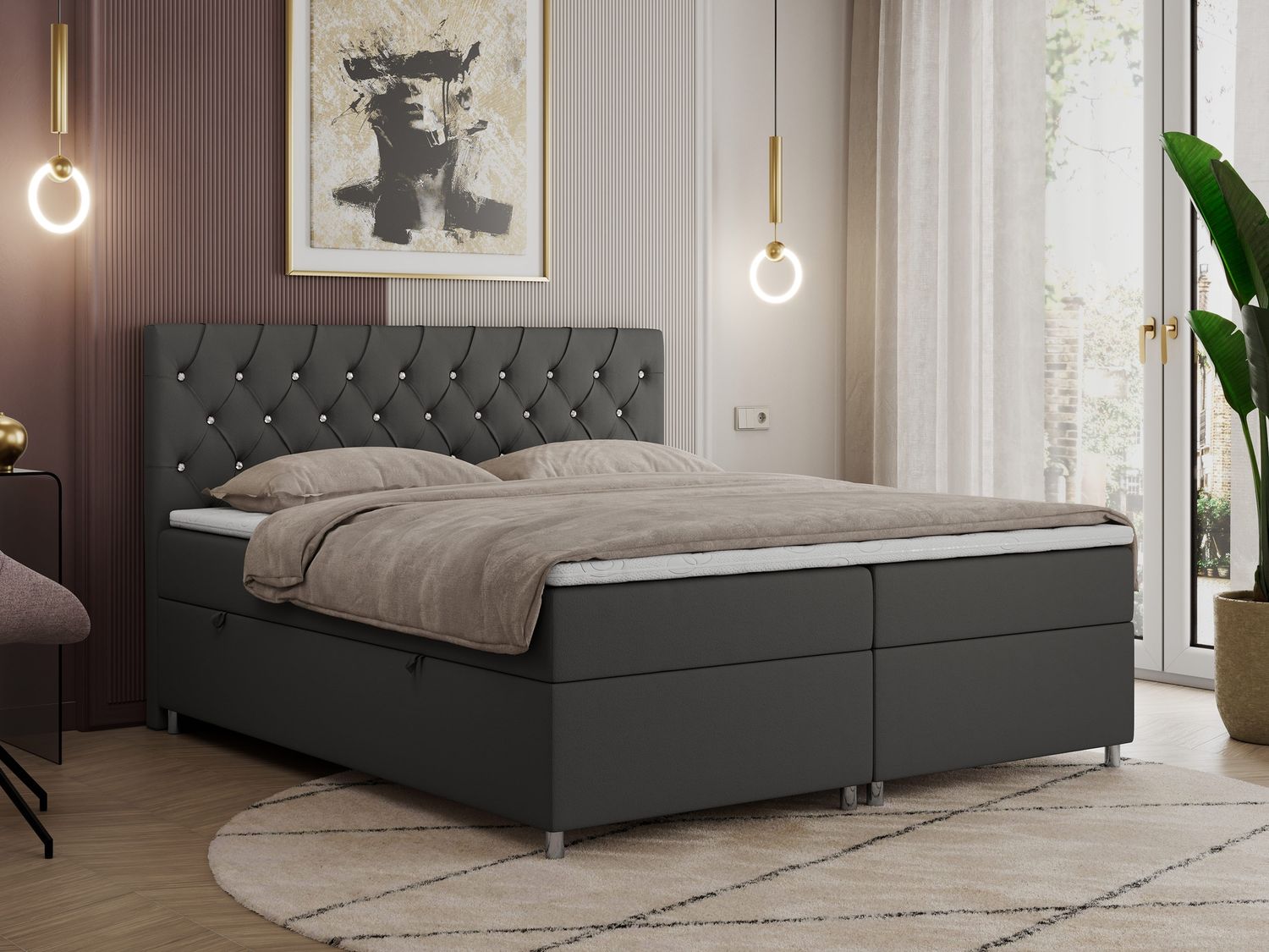 Boxspringbett Doppelbett Polsterbett Kunstlederbett mit Bettkasten - ROMA - 140x200cm - Dunkelgrau Kunstleder - H4 Bild 1