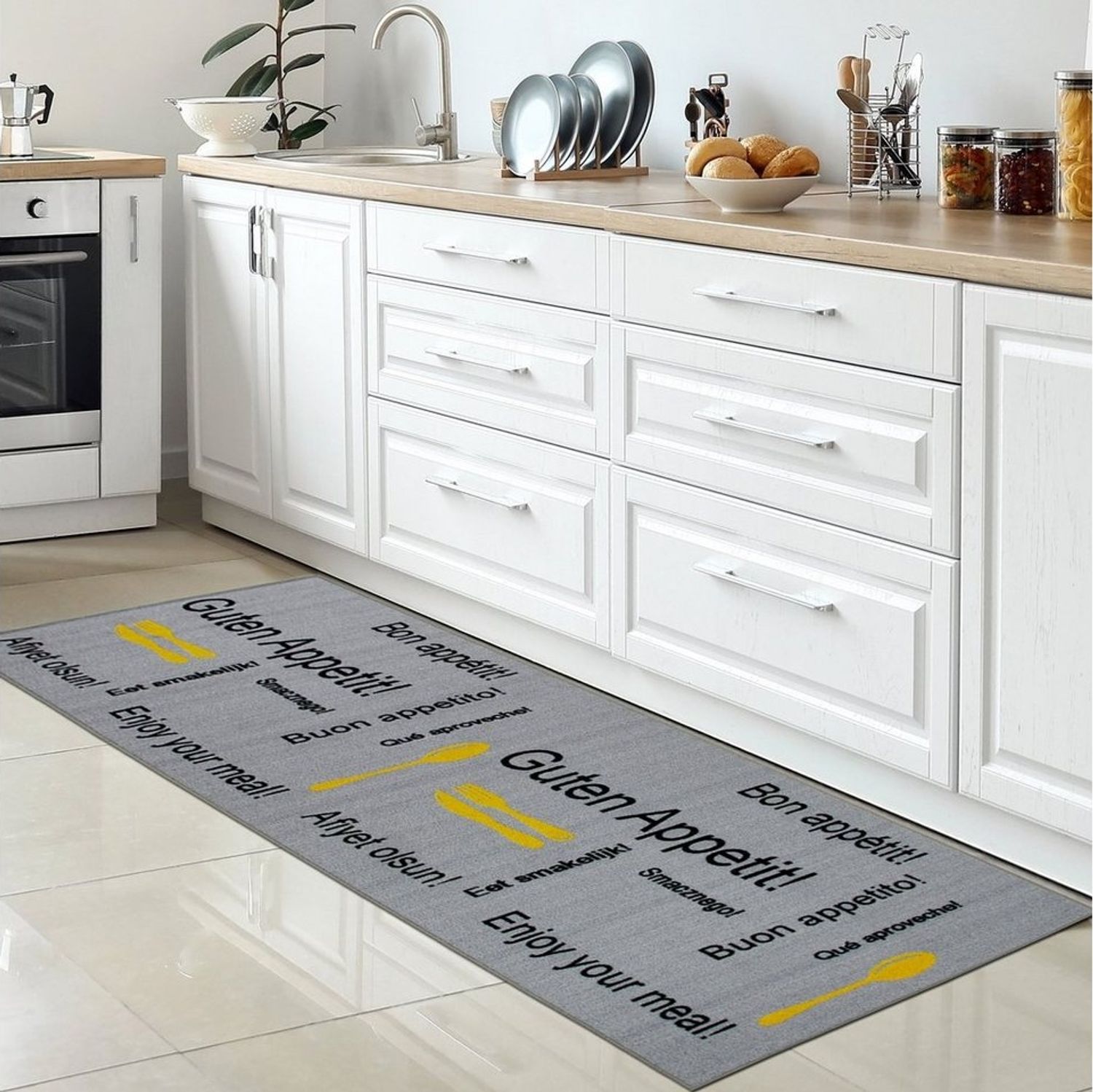 Carpetia Teppich Küchenläufer in grau mit Gelrücken und schwarzem & gelbem Schriftzug, rechteckig, Höhe: 5 mm Bild 1