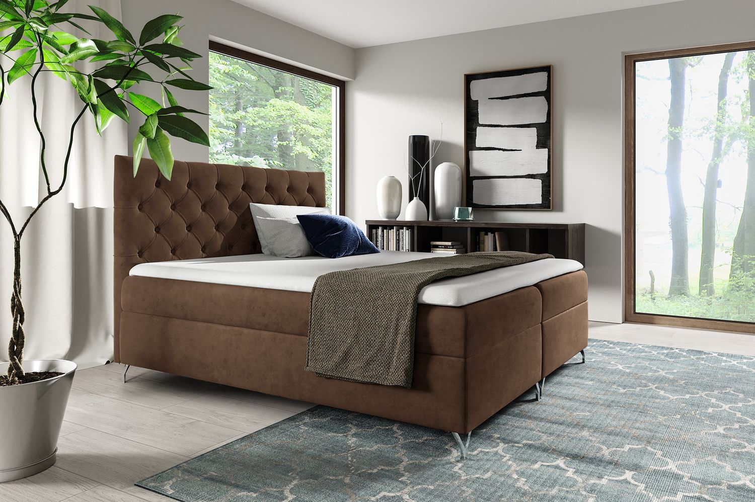 MEBLINI Boxspringbett GIULIA 160x200 cm mit Bettkasten – H3/Braun Samt Polsterbett - Doppelbett mit Topper & Taschenfederkern-Matratze Bild 1